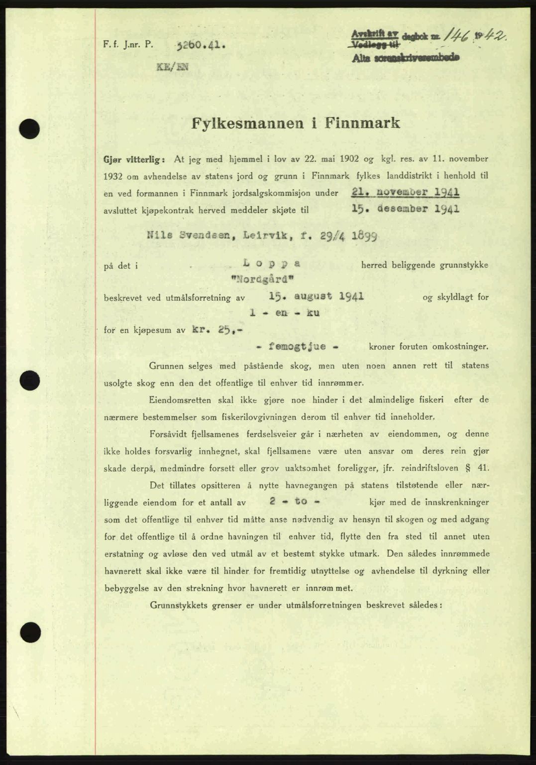 Alta fogderi/sorenskriveri, SATØ/SATØ-5/1/K/Kd/L0033pantebok: Mortgage book no. 33, 1940-1943, Diary no: : 146/1942