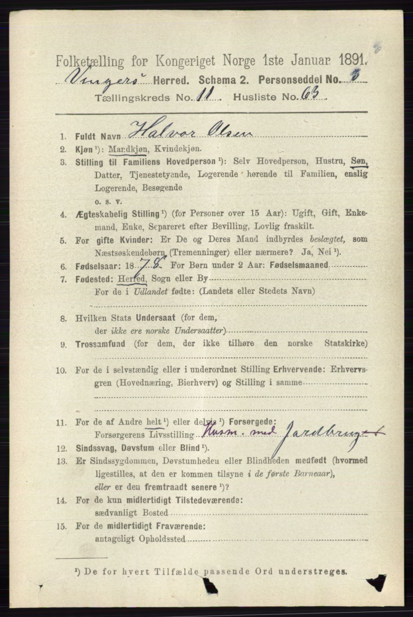 RA, 1891 census for 0421 Vinger, 1891, p. 5726