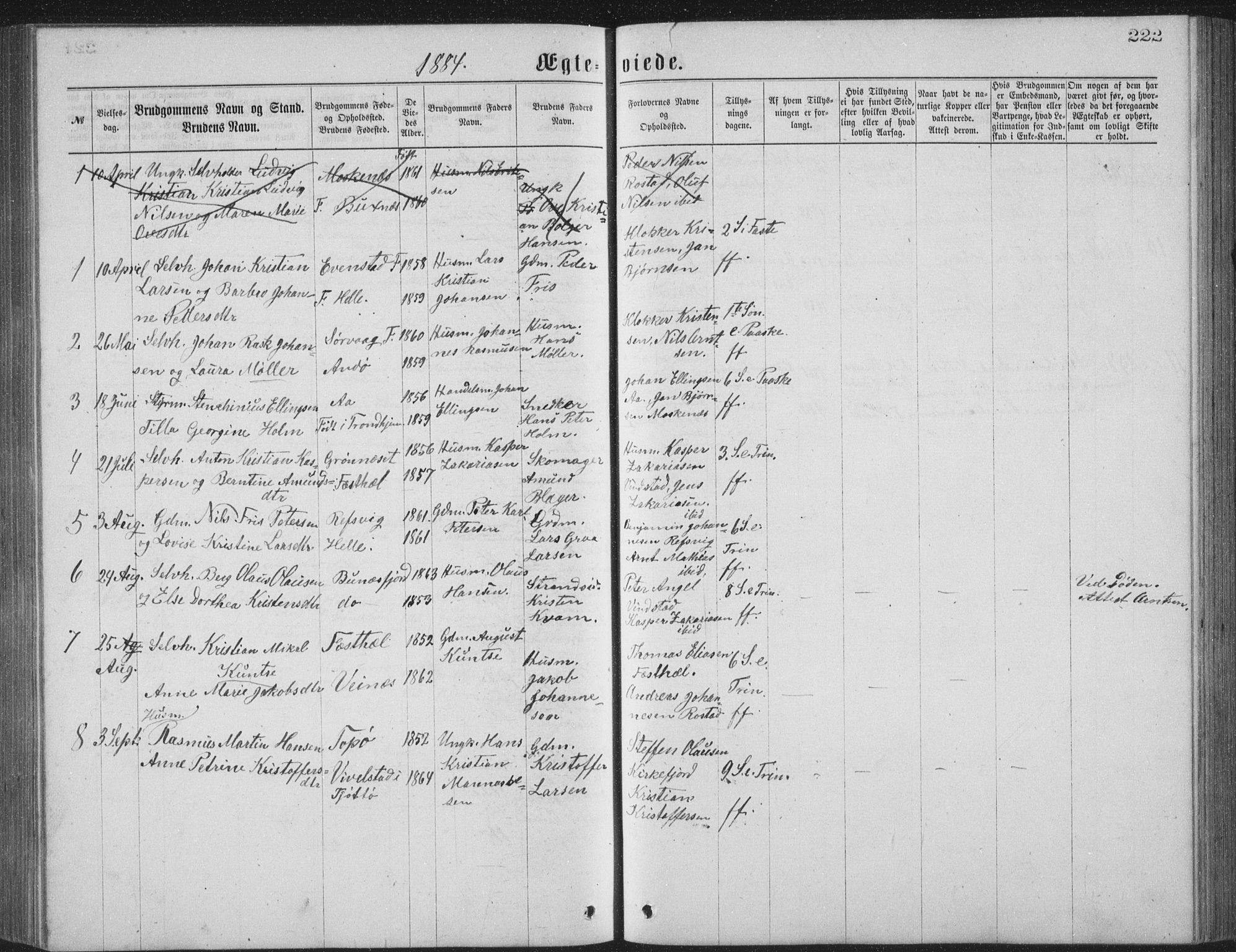 Ministerialprotokoller, klokkerbøker og fødselsregistre - Nordland, AV/SAT-A-1459/886/L1225: Parish register (copy) no. 886C02, 1874-1896, p. 222