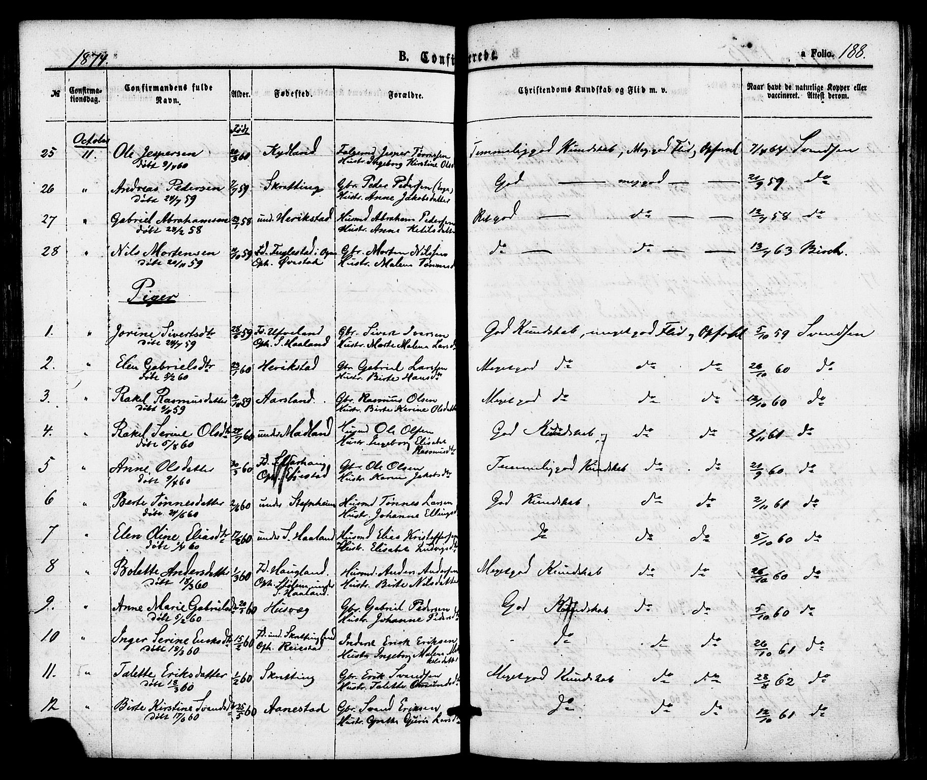 Hå sokneprestkontor, AV/SAST-A-101801/001/30BA/L0009: Parish register (official) no. A 8, 1855-1878, p. 188