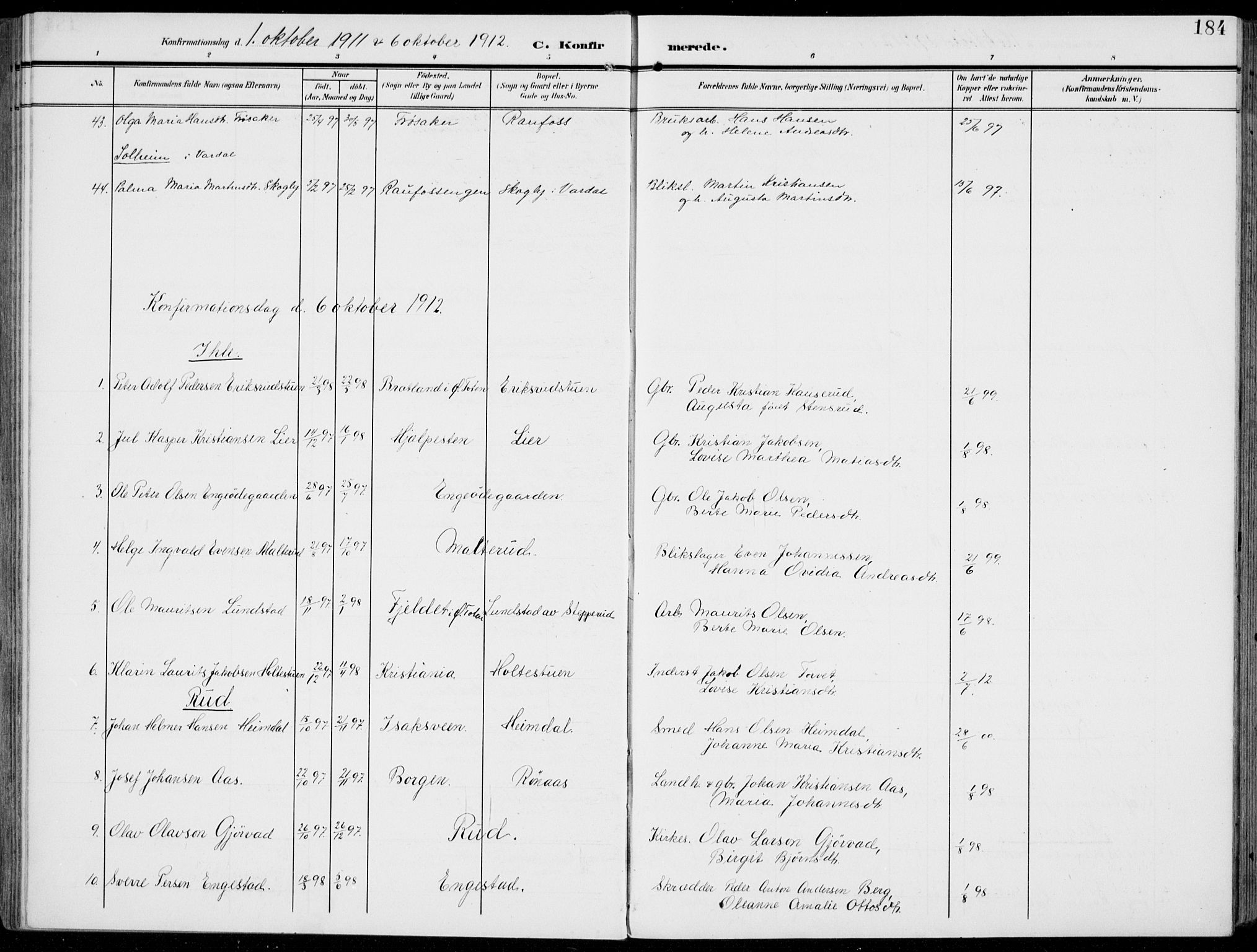 Vestre Toten prestekontor, SAH/PREST-108/H/Ha/Haa/L0014: Parish register (official) no. 14, 1907-1920, p. 184