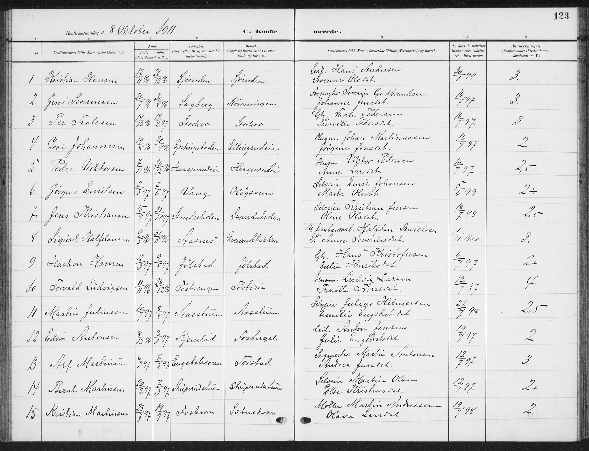 Romedal prestekontor, SAH/PREST-004/K/L0009: Parish register (official) no. 9, 1906-1929, p. 123