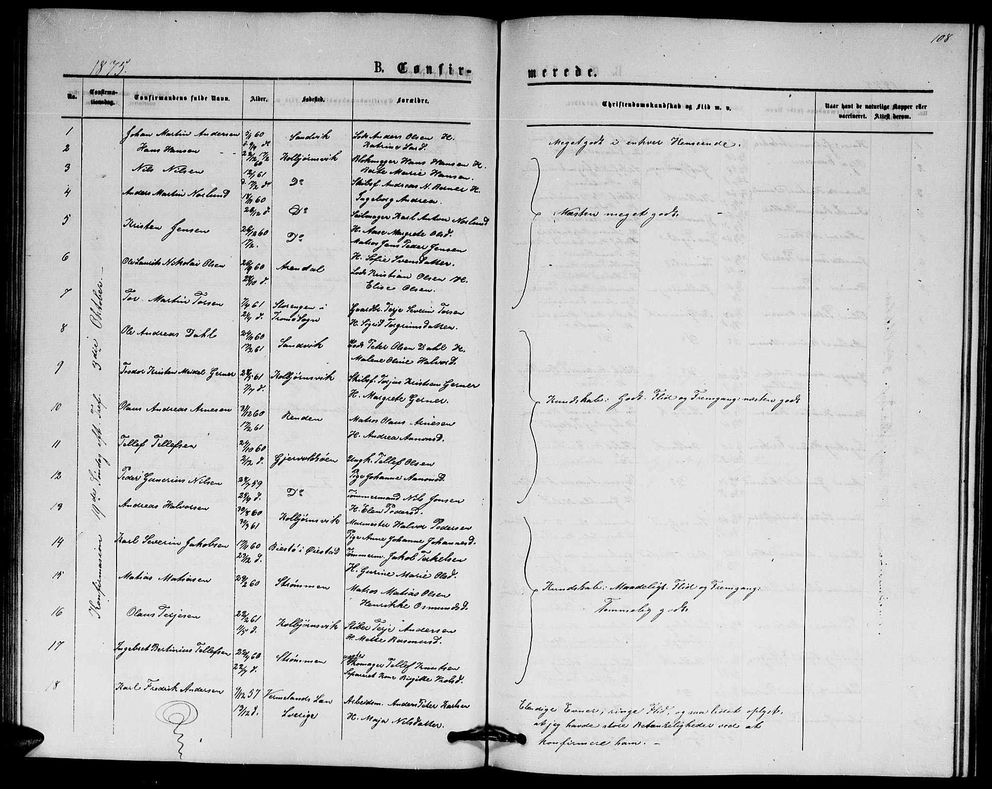 Hisøy sokneprestkontor, SAK/1111-0020/F/Fb/L0002: Parish register (copy) no. B 2, 1873-1885, p. 108