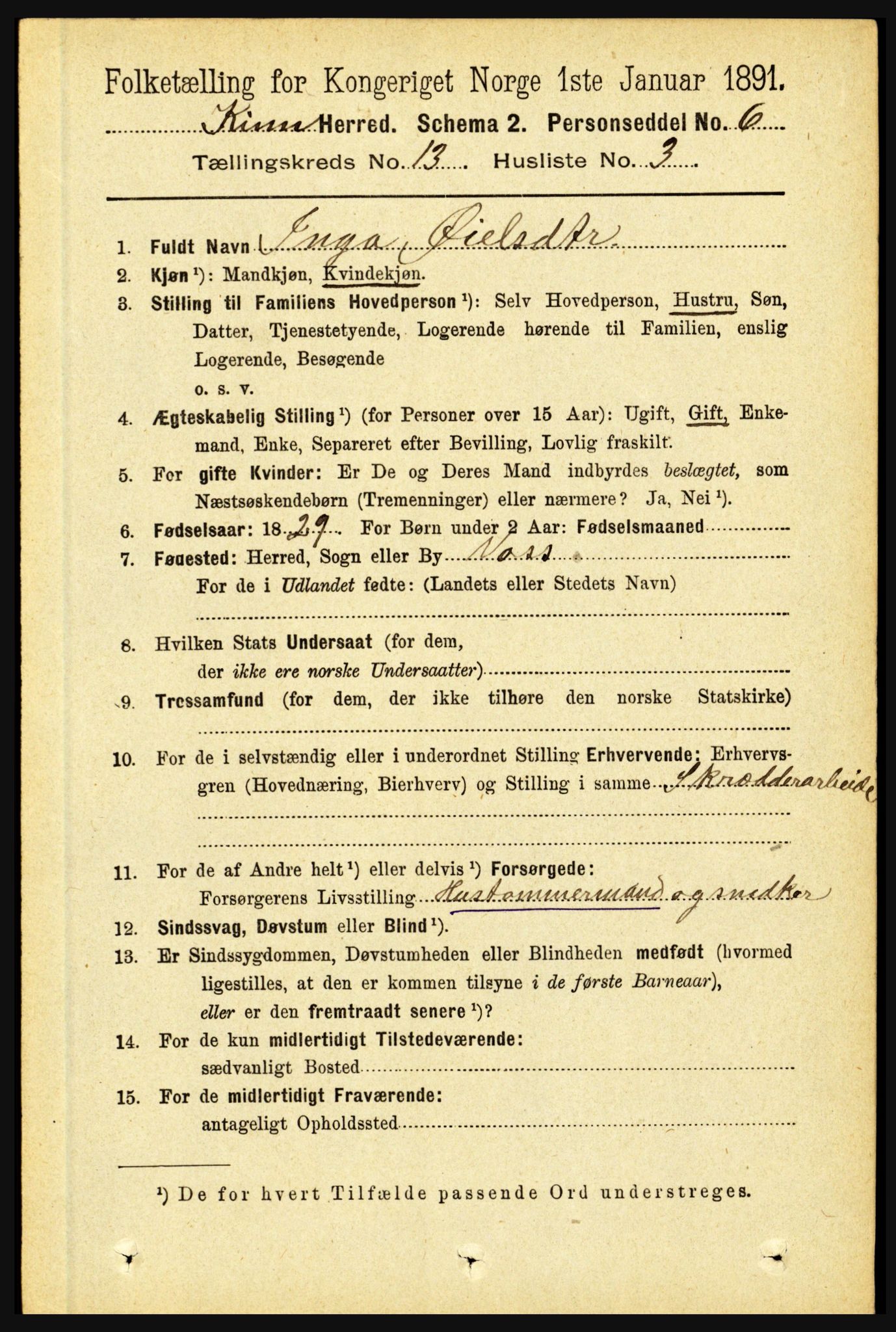 RA, 1891 census for 1437 Kinn, 1891, p. 5069