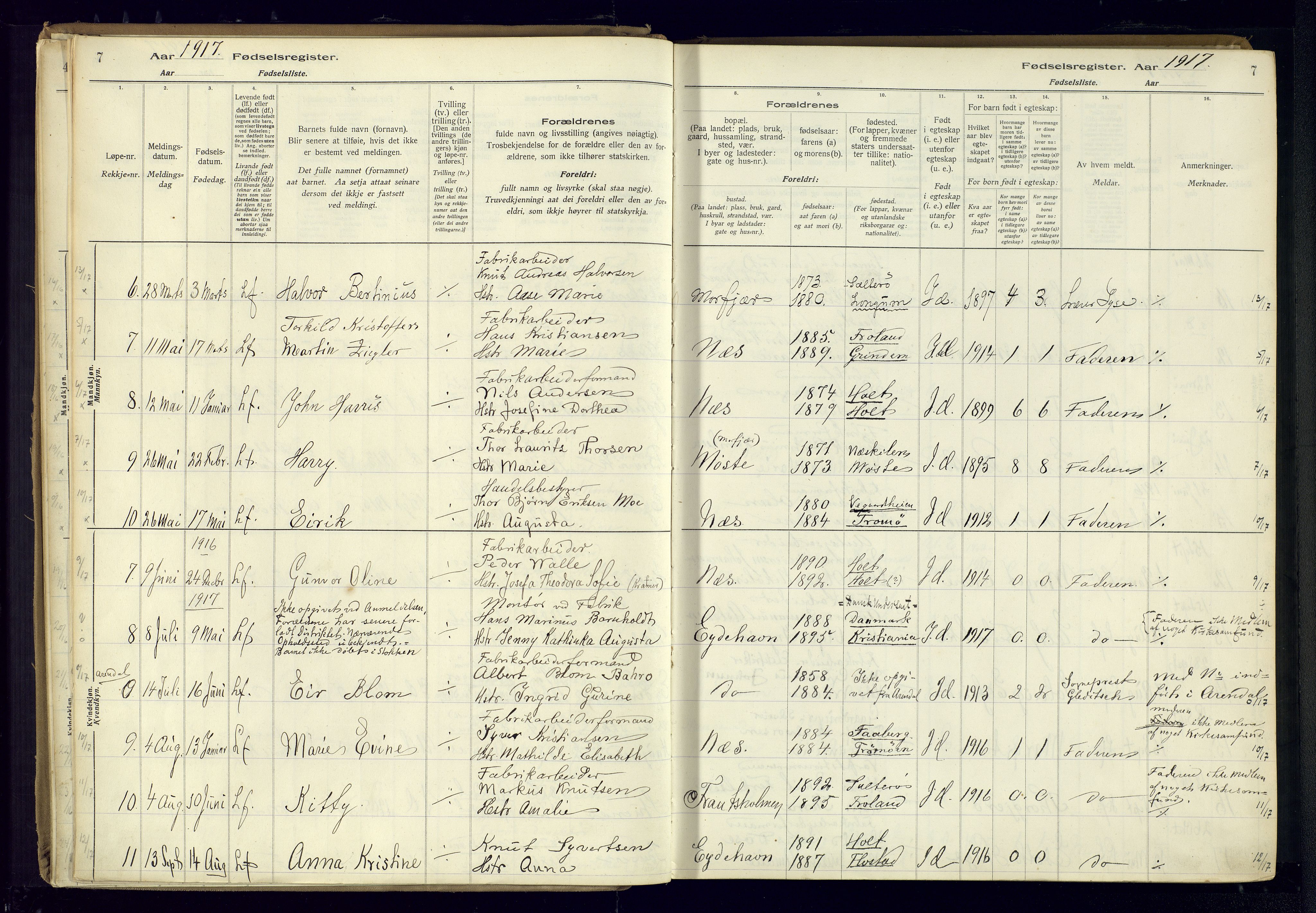 Austre Moland sokneprestkontor, SAK/1111-0001/J/Ja/L0003: Birth register no. A-VI-27, 1916-1950, p. 7