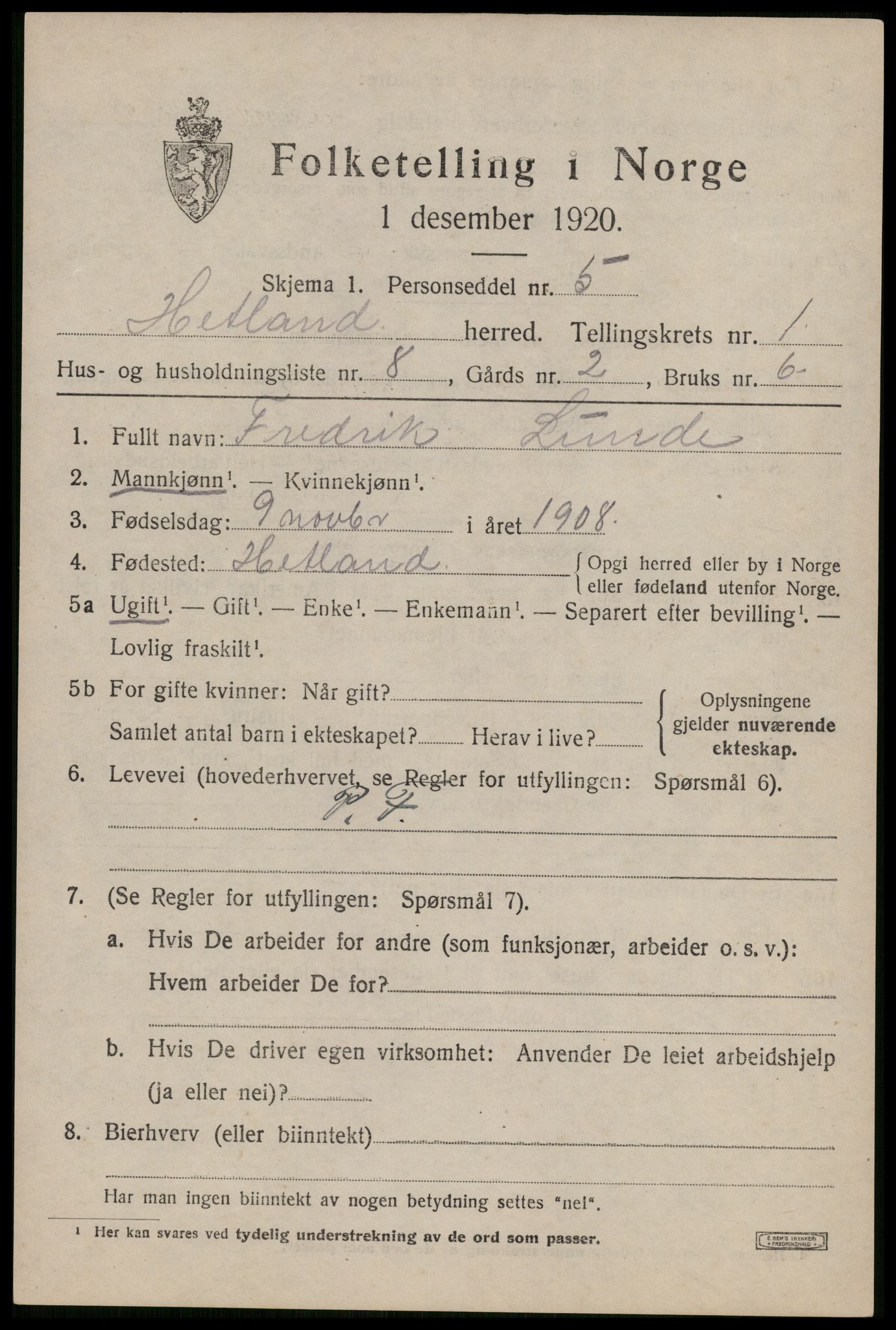 SAST, 1920 census for Hetland, 1920, p. 3645