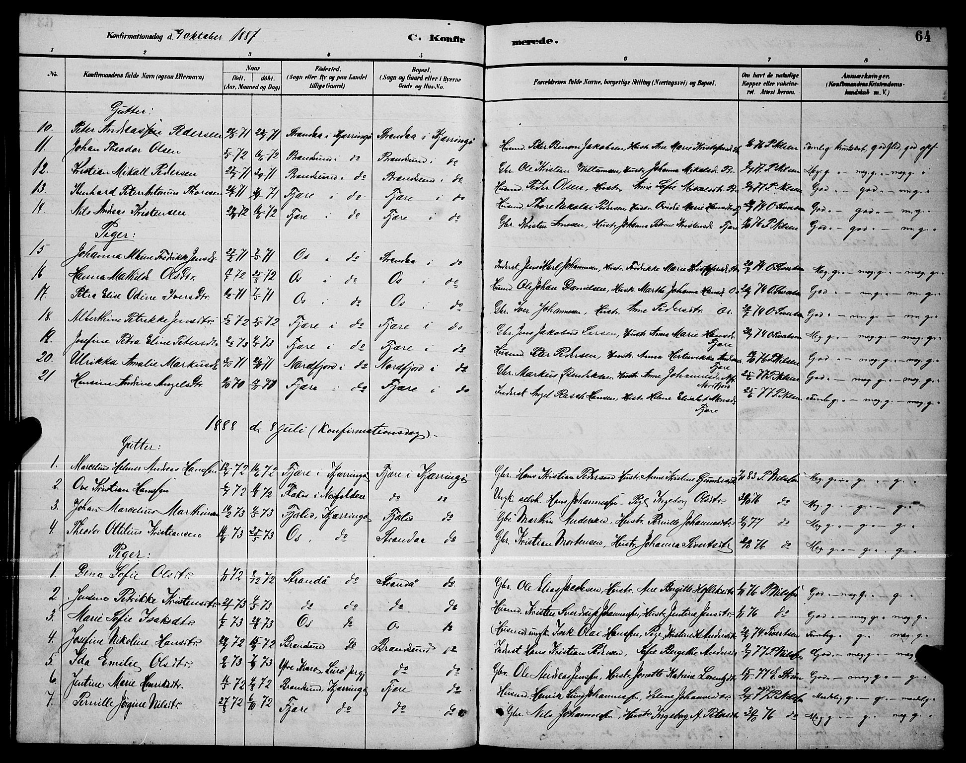 Ministerialprotokoller, klokkerbøker og fødselsregistre - Nordland, SAT/A-1459/803/L0076: Parish register (copy) no. 803C03, 1882-1897, p. 64