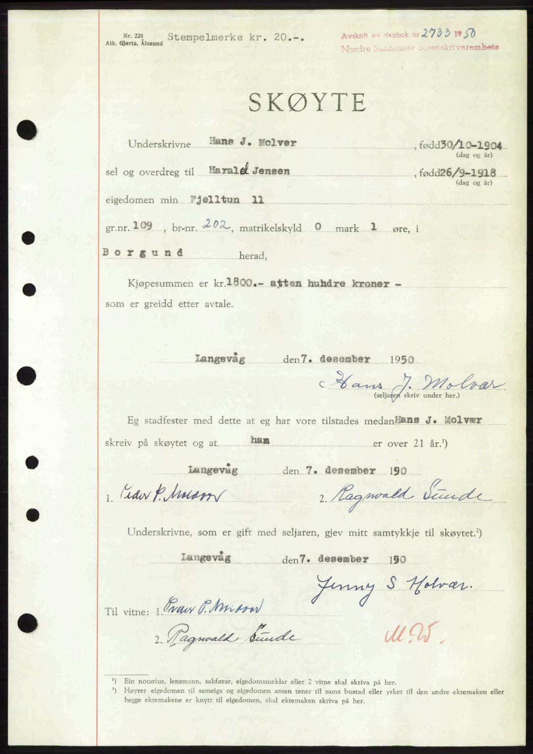 Nordre Sunnmøre sorenskriveri, AV/SAT-A-0006/1/2/2C/2Ca: Mortgage book no. A36, 1950-1950, Diary no: : 2733/1950