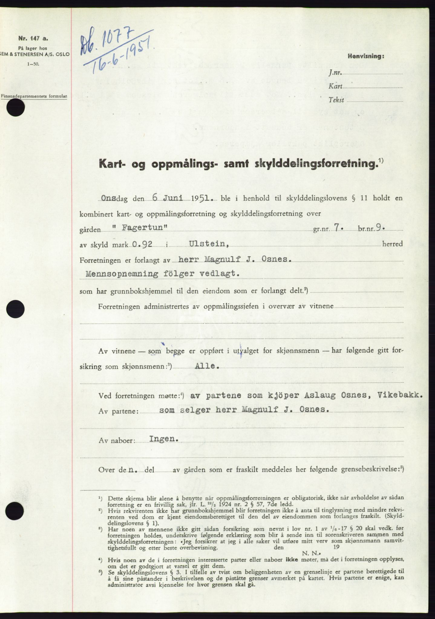 Søre Sunnmøre sorenskriveri, AV/SAT-A-4122/1/2/2C/L0089: Mortgage book no. 15A, 1951-1951, Diary no: : 1077/1951