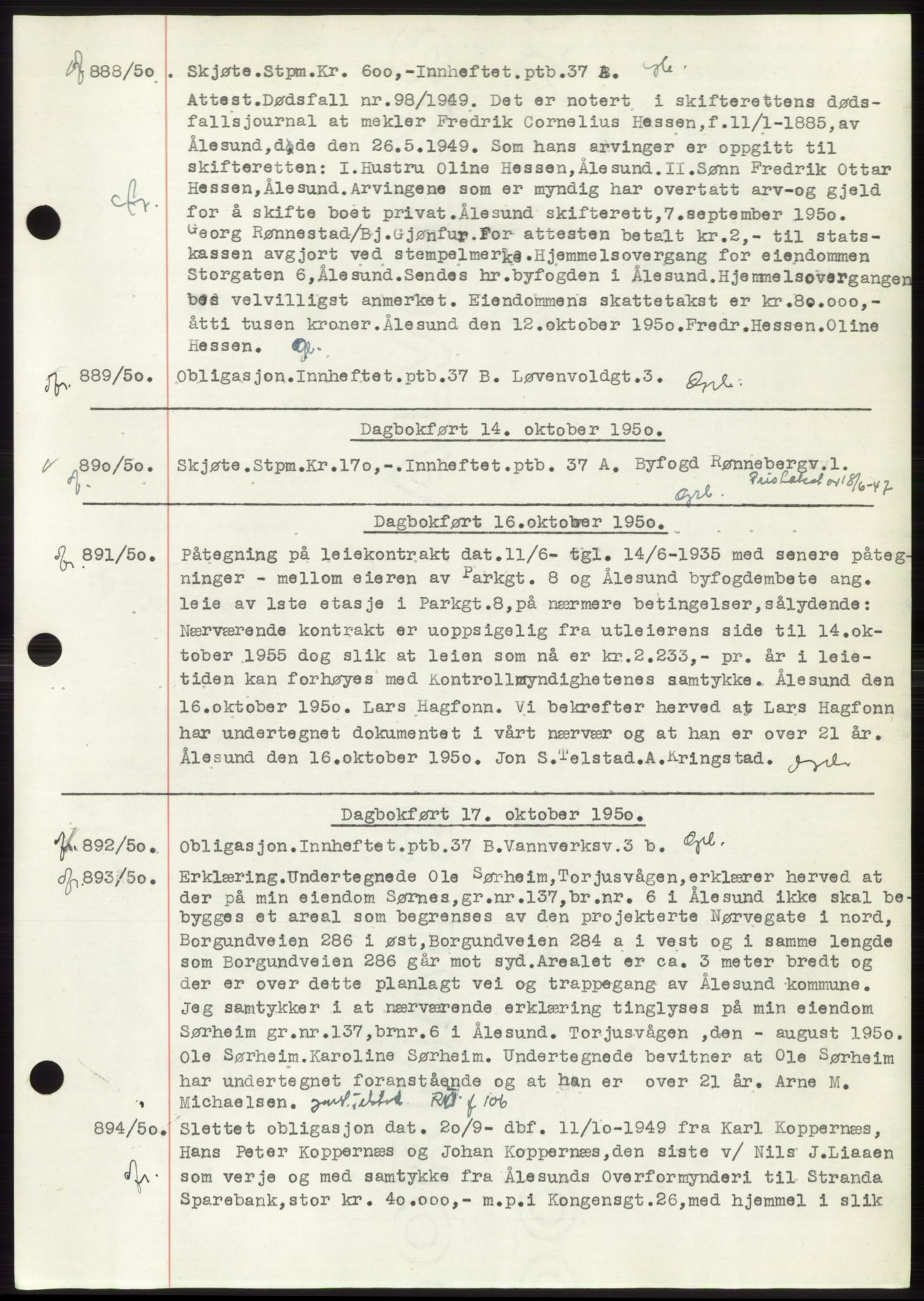 Ålesund byfogd, AV/SAT-A-4384: Mortgage book no. C37, 1950-1951, Diary no: : 888/1950