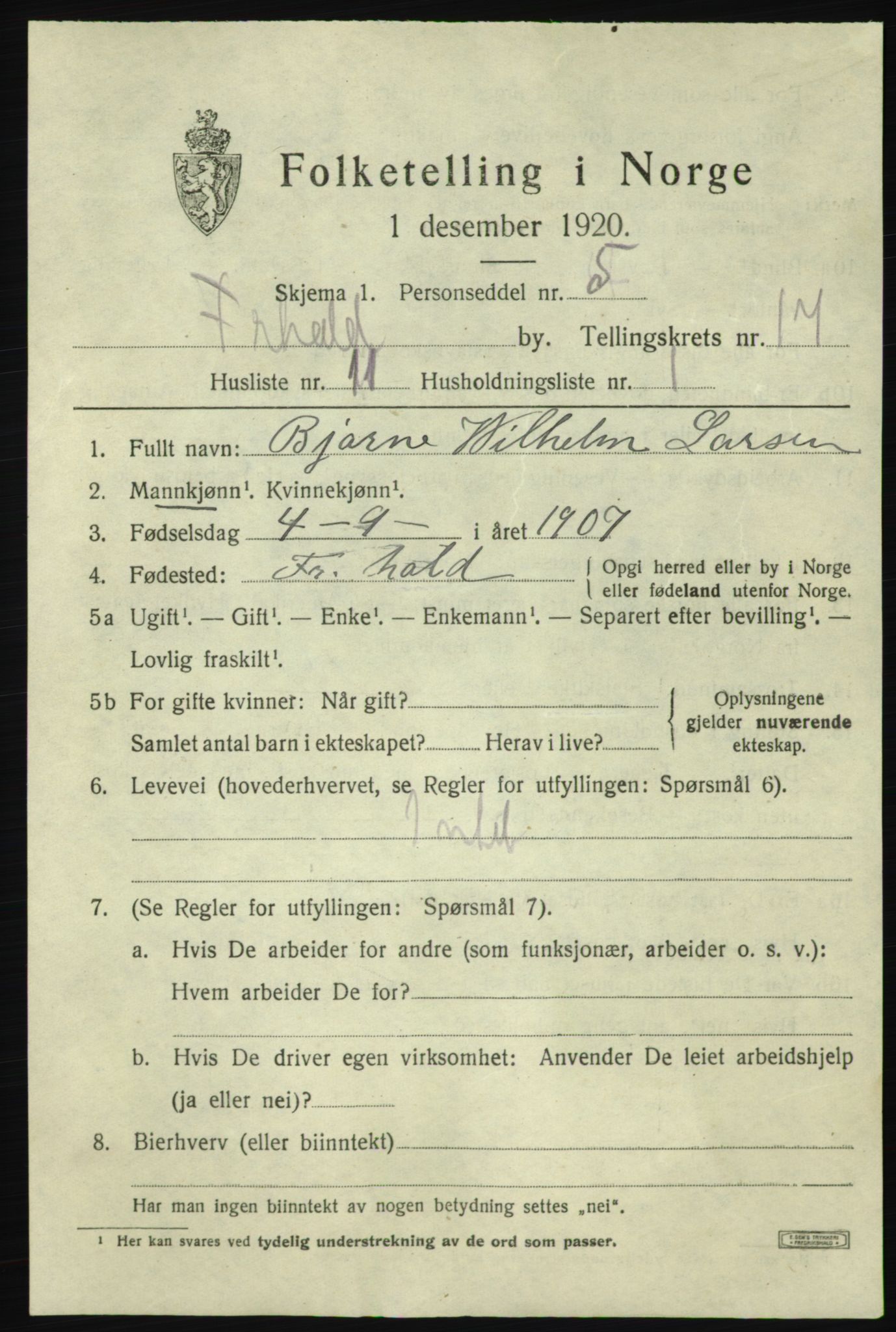 SAO, 1920 census for Fredrikshald, 1920, p. 25954