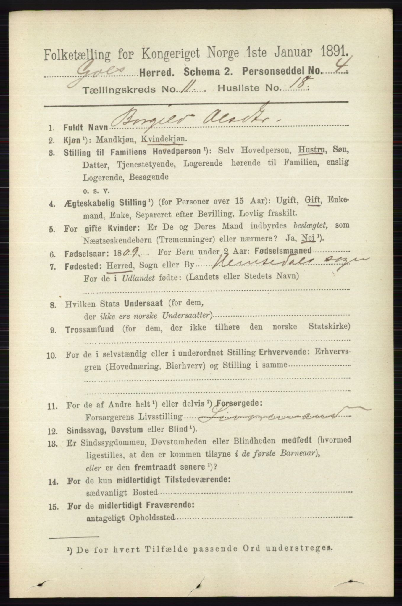 RA, 1891 census for 0617 Gol og Hemsedal, 1891, p. 4457