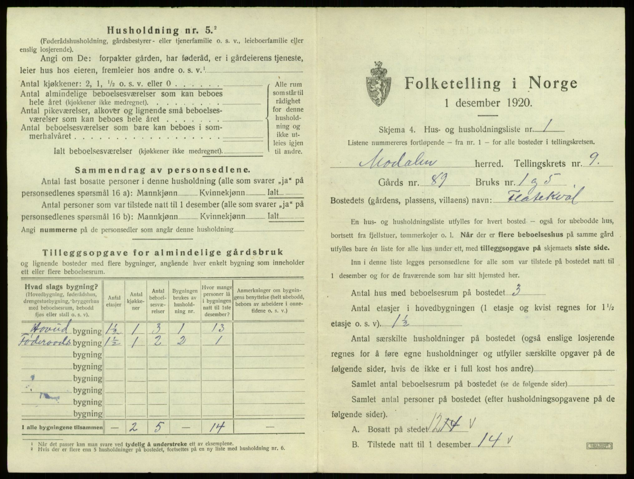SAB, 1920 census for Modalen, 1920, p. 229