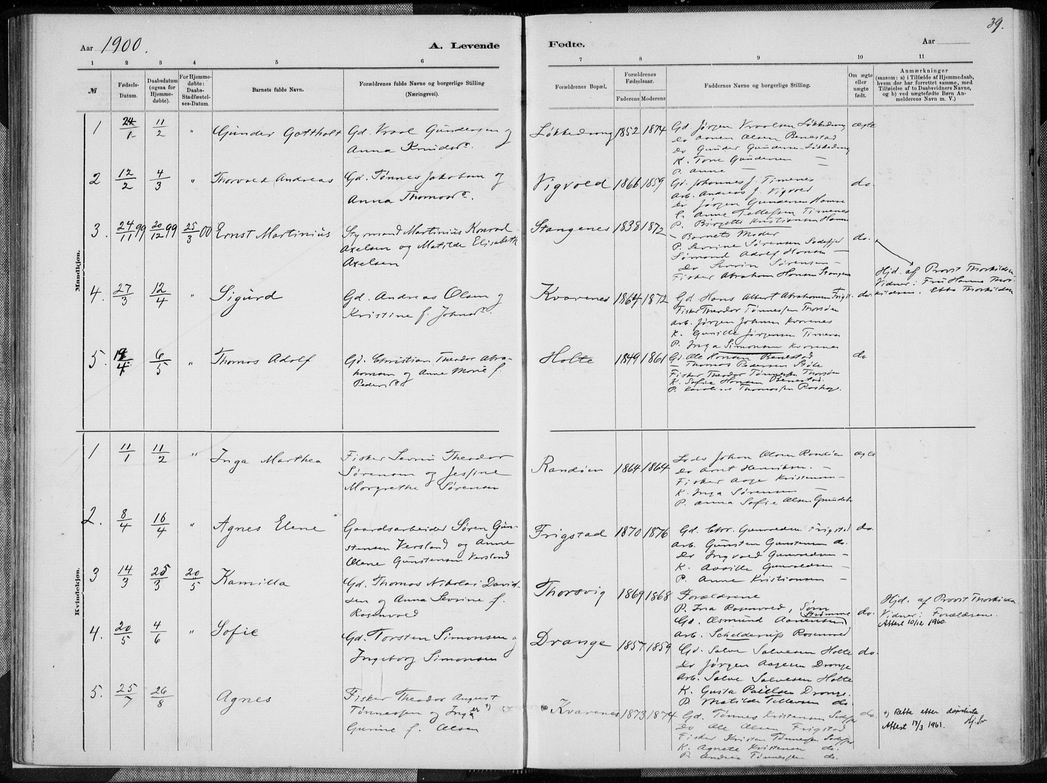 Oddernes sokneprestkontor, AV/SAK-1111-0033/F/Fa/Fab/L0002: Parish register (official) no. A 2, 1884-1903, p. 39