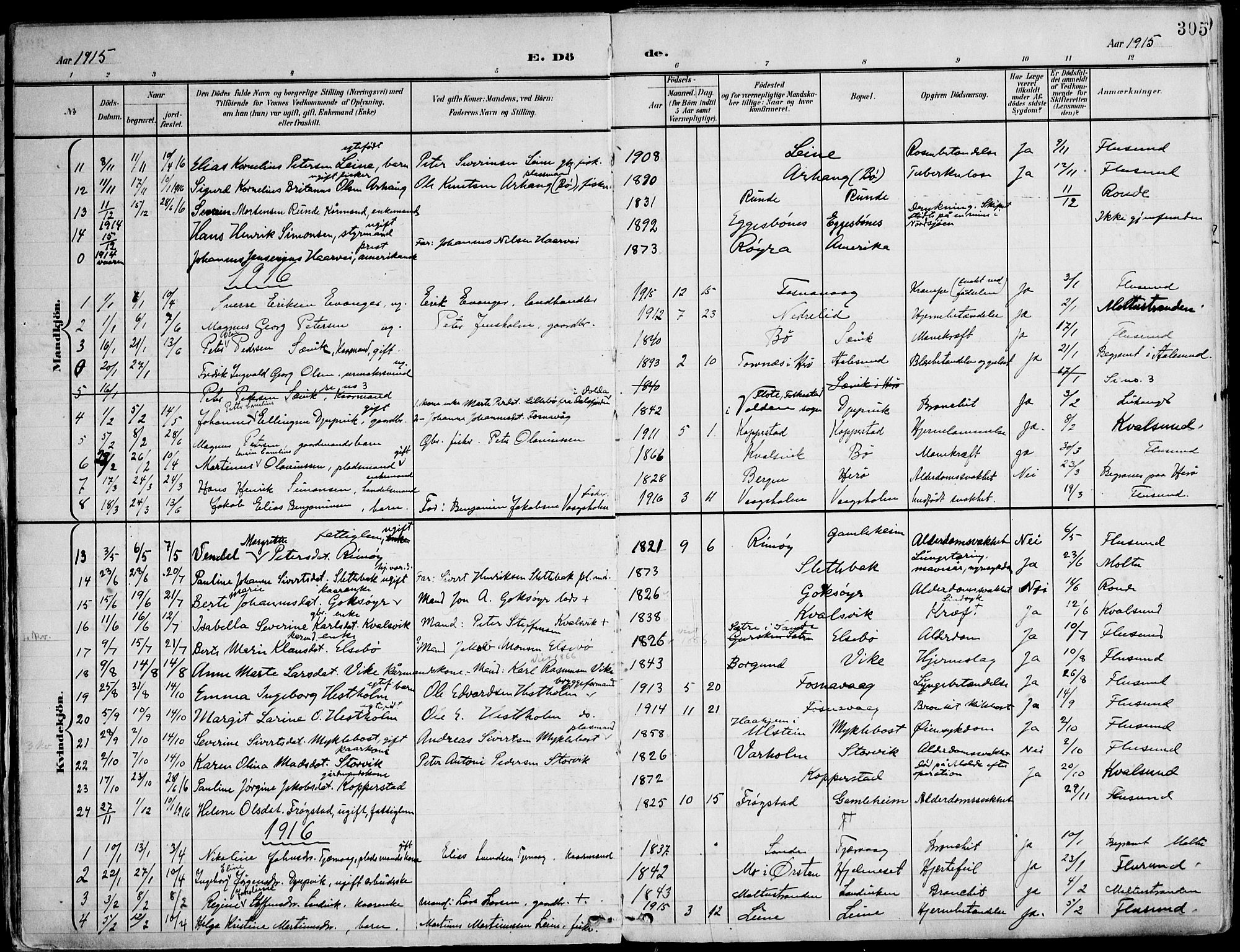 Ministerialprotokoller, klokkerbøker og fødselsregistre - Møre og Romsdal, SAT/A-1454/507/L0075: Parish register (official) no. 507A10, 1901-1920, p. 305