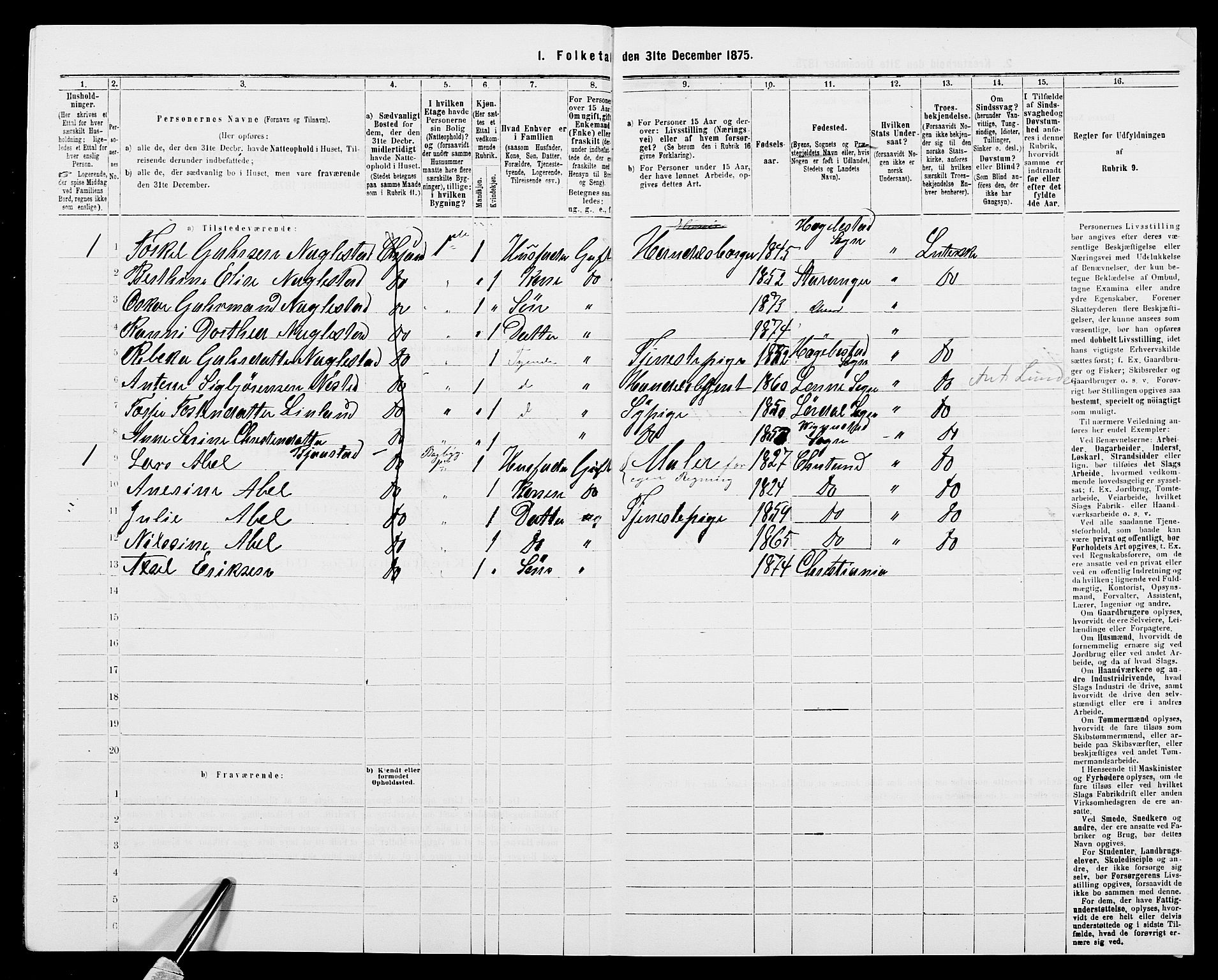 SAK, 1875 census for 1001P Kristiansand, 1875, p. 2179