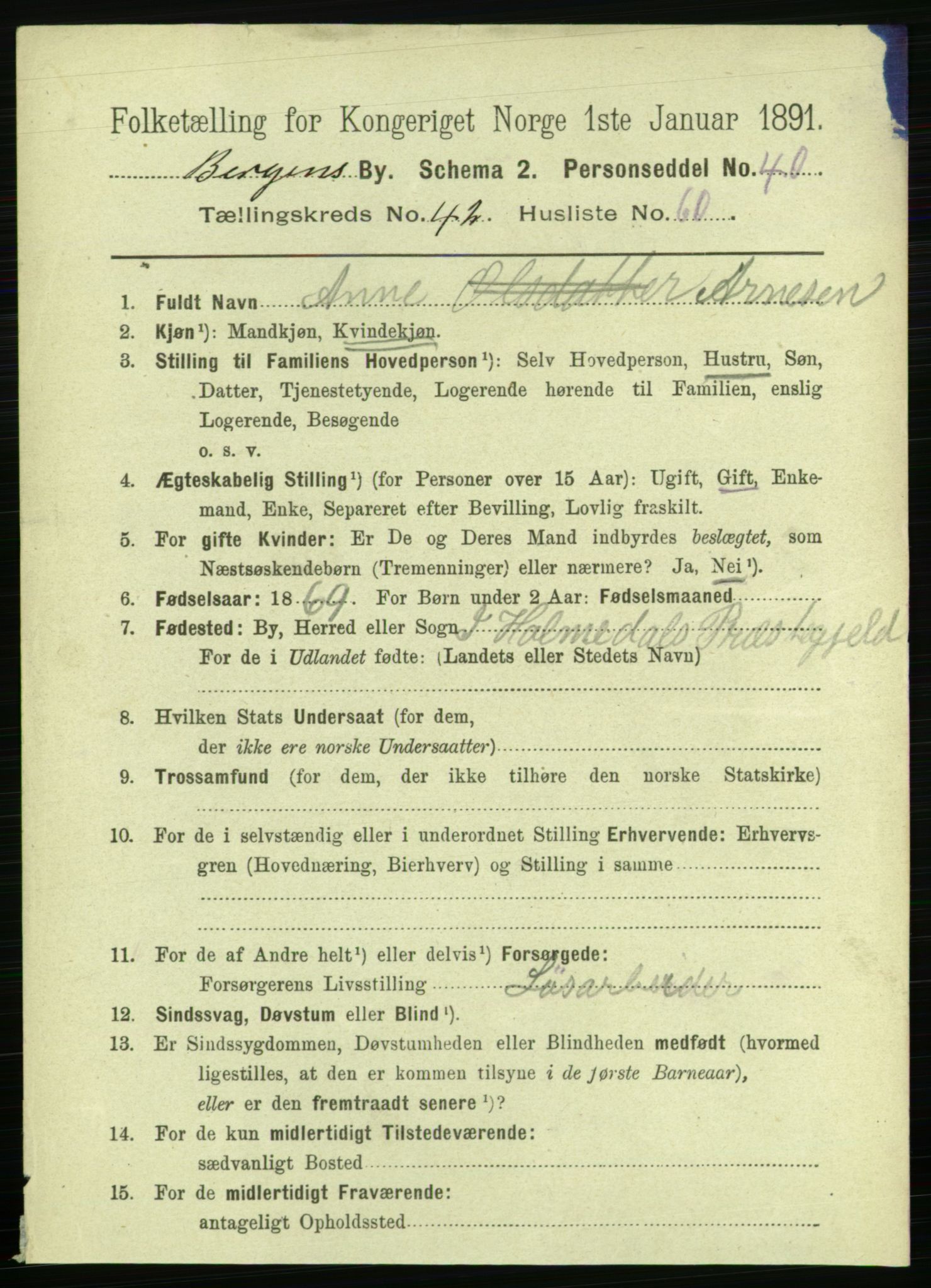 RA, 1891 Census for 1301 Bergen, 1891, p. 50883