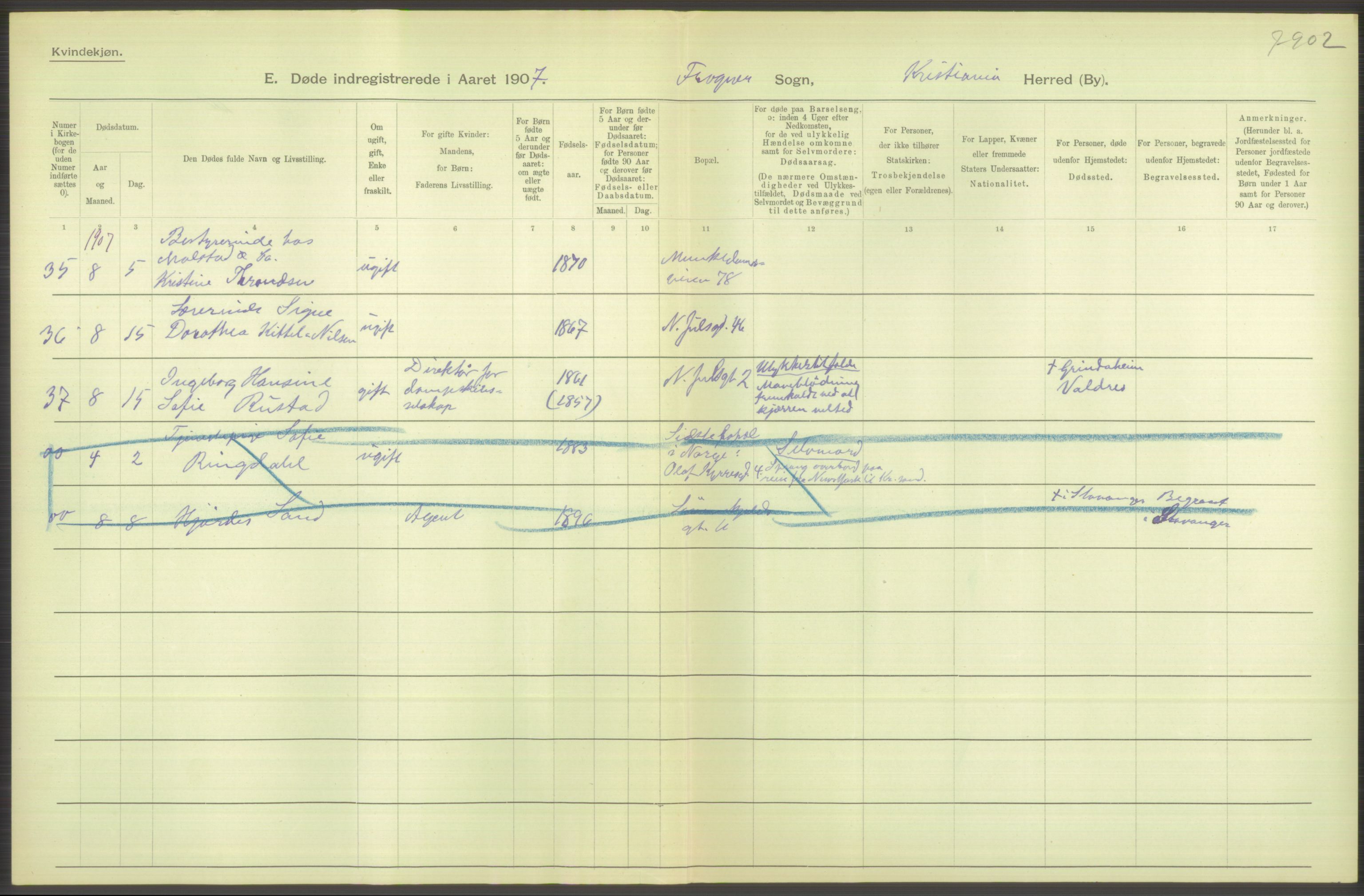 Statistisk sentralbyrå, Sosiodemografiske emner, Befolkning, AV/RA-S-2228/D/Df/Dfa/Dfae/L0009: Kristiania: Døde, 1907, p. 302