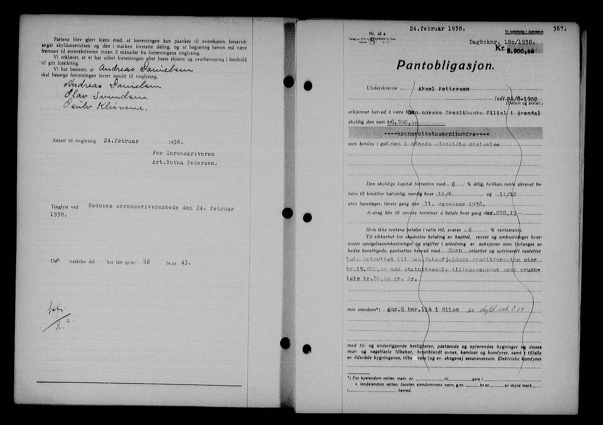 Nedenes sorenskriveri, SAK/1221-0006/G/Gb/Gba/L0044: Mortgage book no. 40, 1937-1938, Diary no: : 180/1938