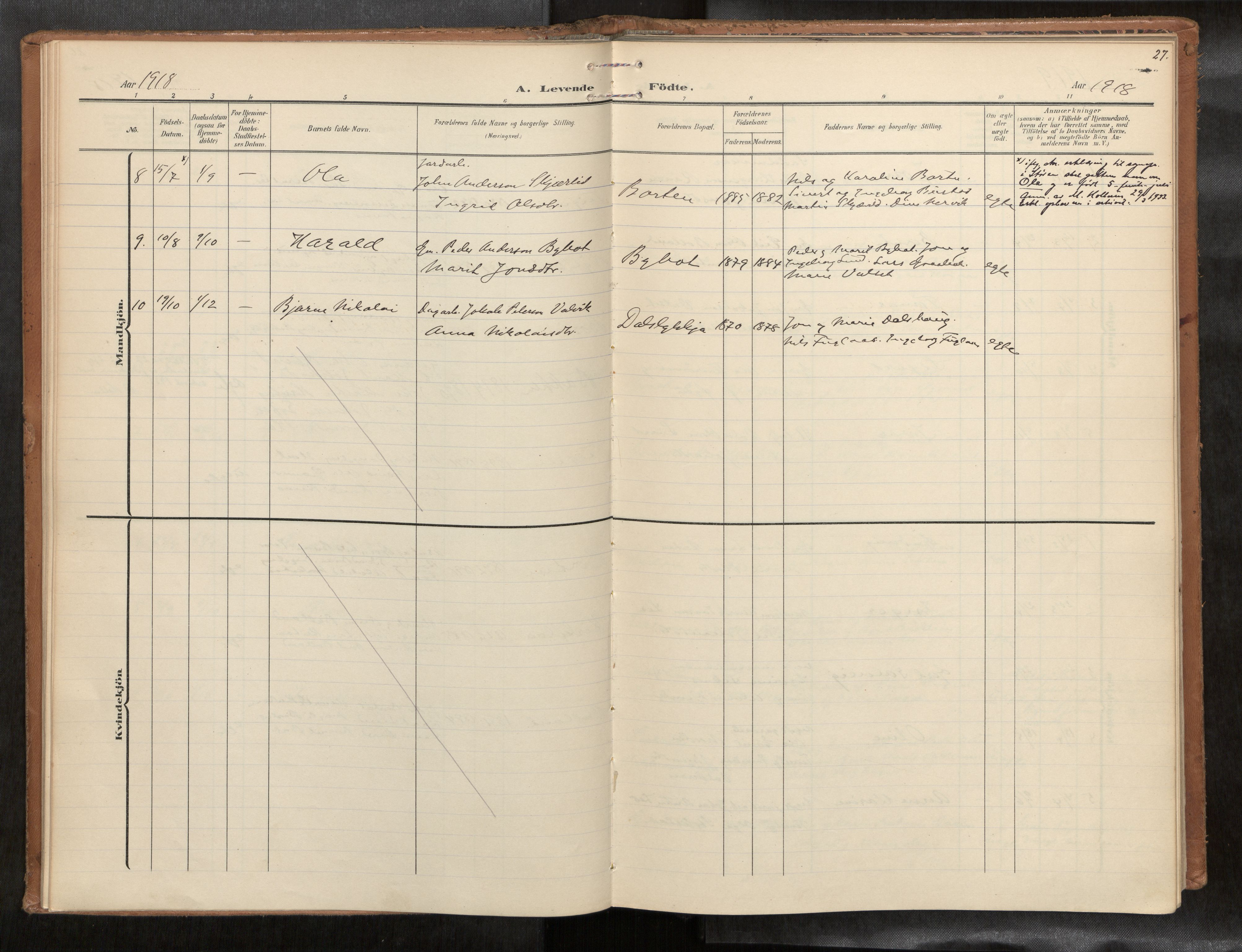 Ministerialprotokoller, klokkerbøker og fødselsregistre - Sør-Trøndelag, SAT/A-1456/693/L1119b: Parish register (official) no. 693A02, 1906-1936, p. 27