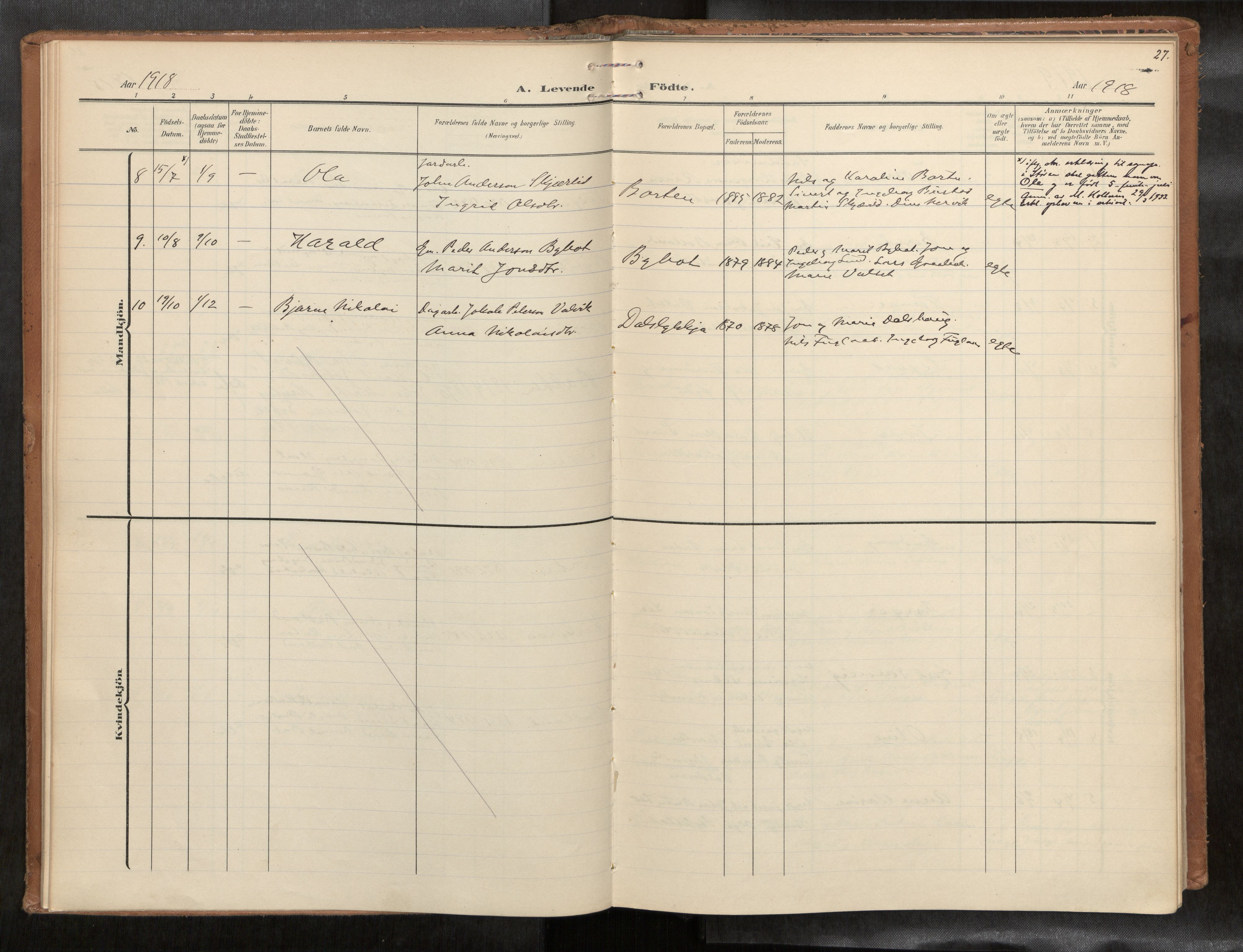Ministerialprotokoller, klokkerbøker og fødselsregistre - Sør-Trøndelag, AV/SAT-A-1456/693/L1119b: Parish register (official) no. 693A02, 1906-1936, p. 27