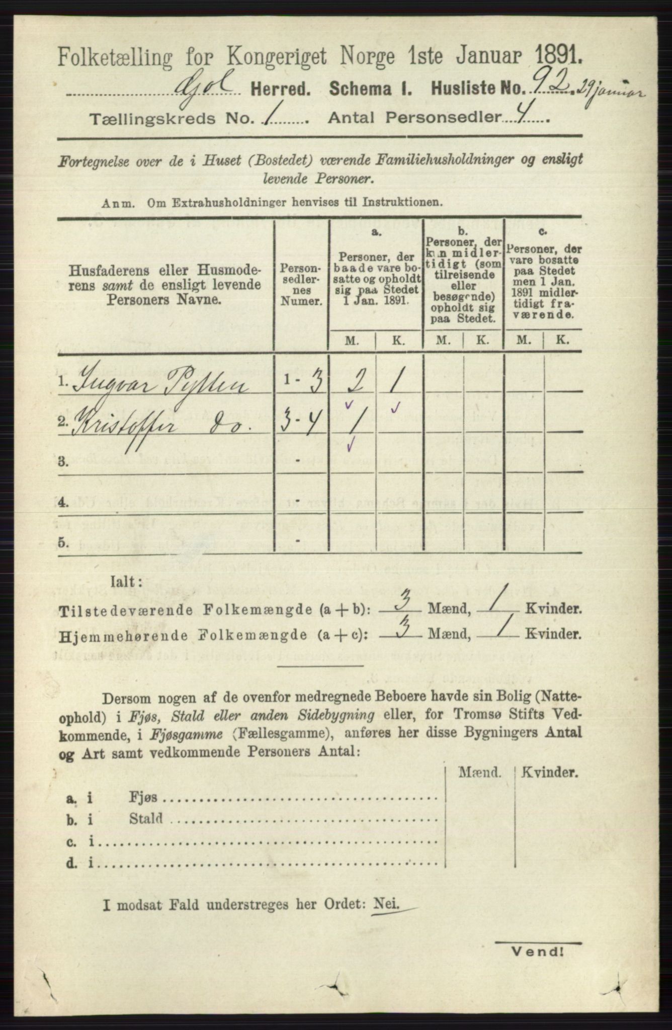 RA, 1891 census for 0617 Gol og Hemsedal, 1891, p. 119