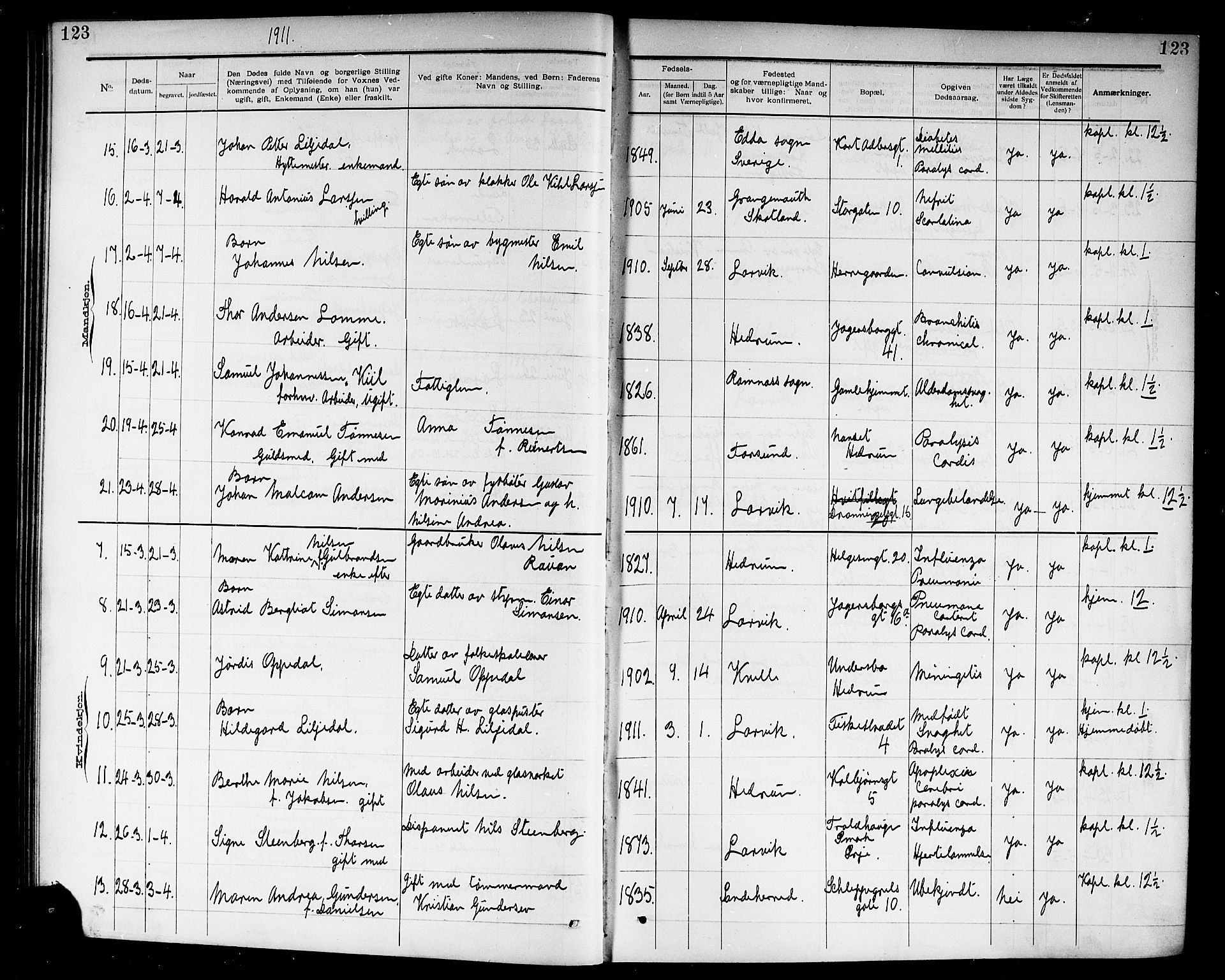 Larvik kirkebøker, SAKO/A-352/G/Ga/L0007: Parish register (copy) no. I 7, 1888-1918, p. 123