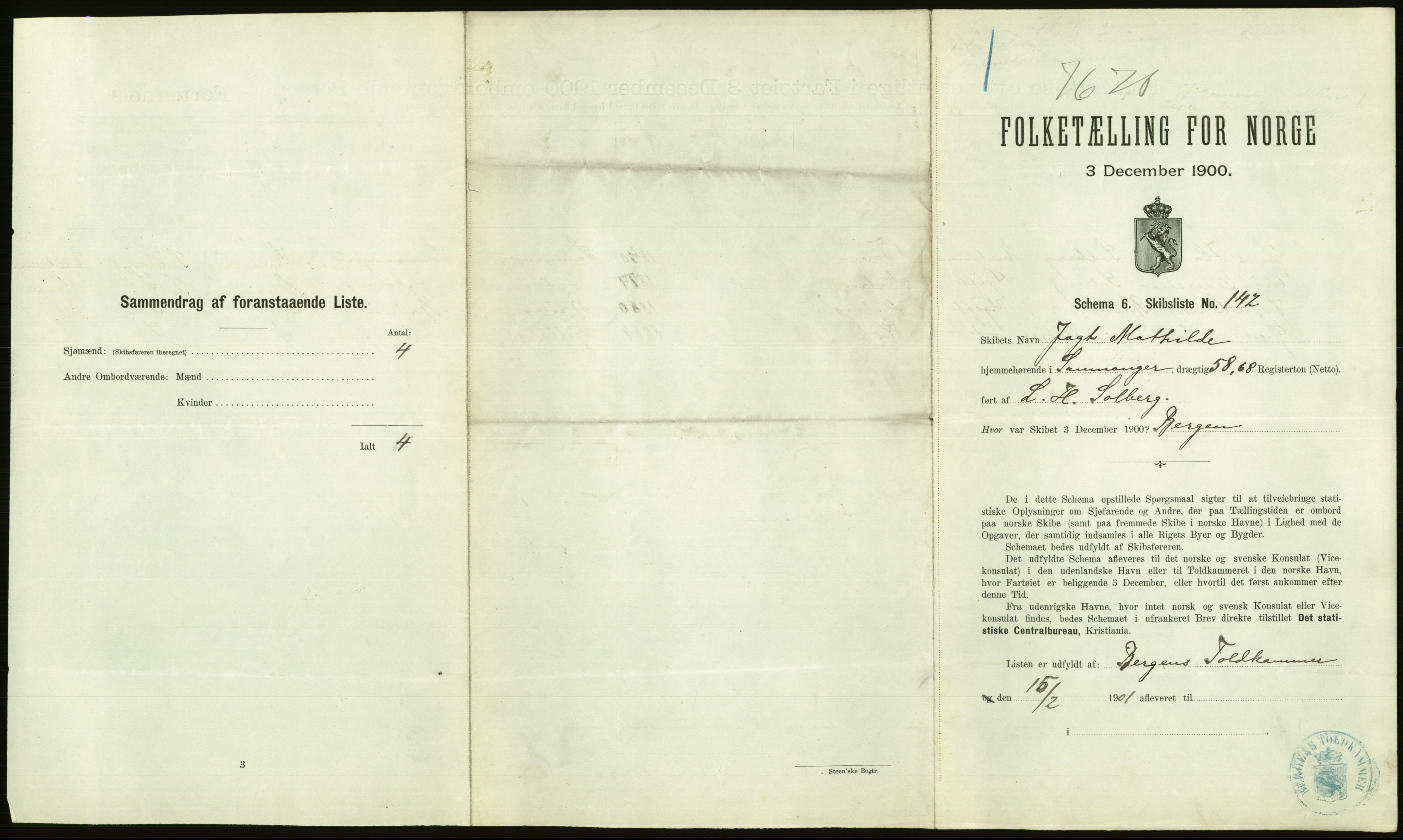 RA, 1900 Census - ship lists from ships in Norwegian harbours, harbours abroad and at sea, 1900, p. 1475