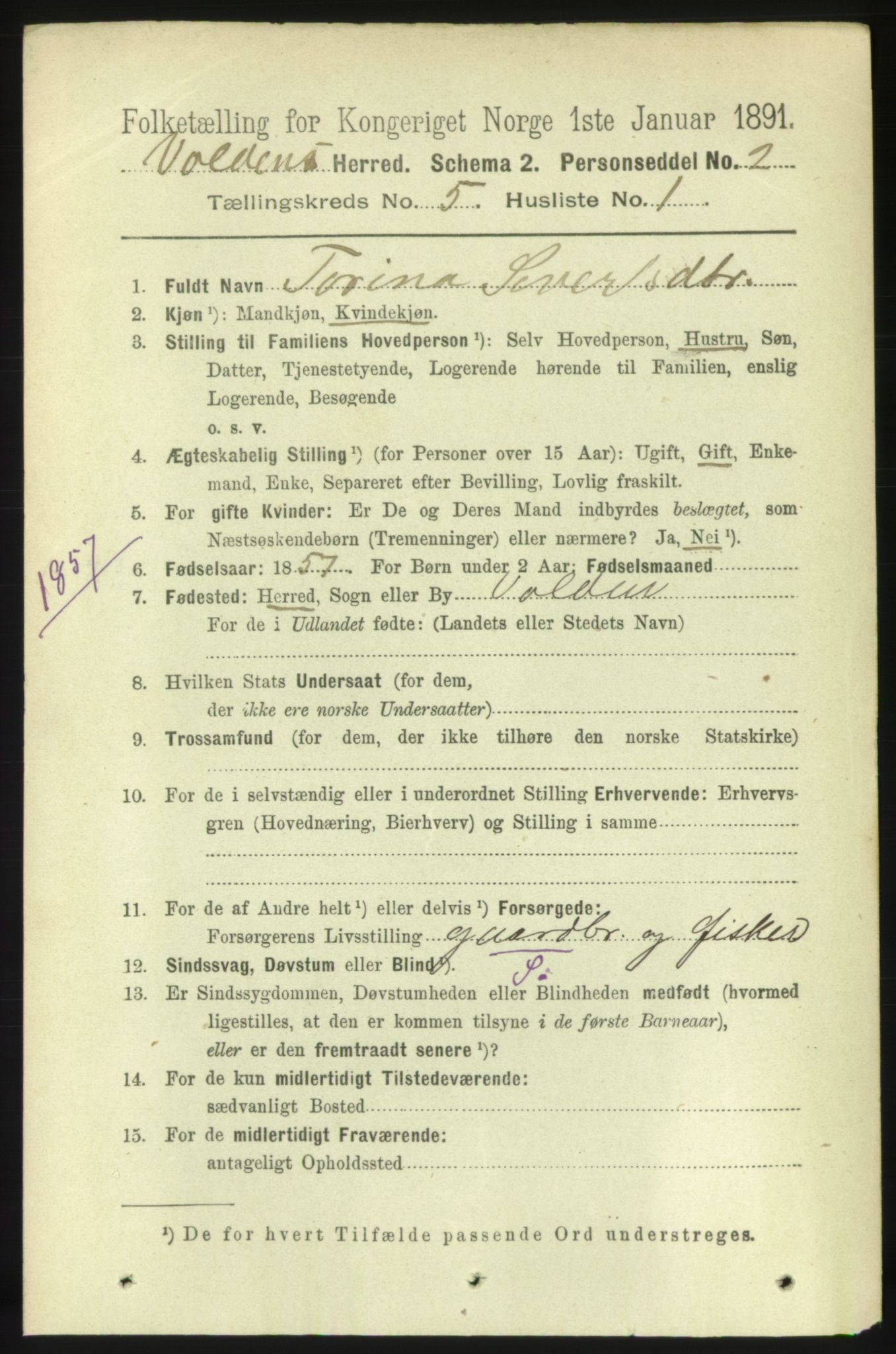 RA, 1891 census for 1519 Volda, 1891, p. 2296