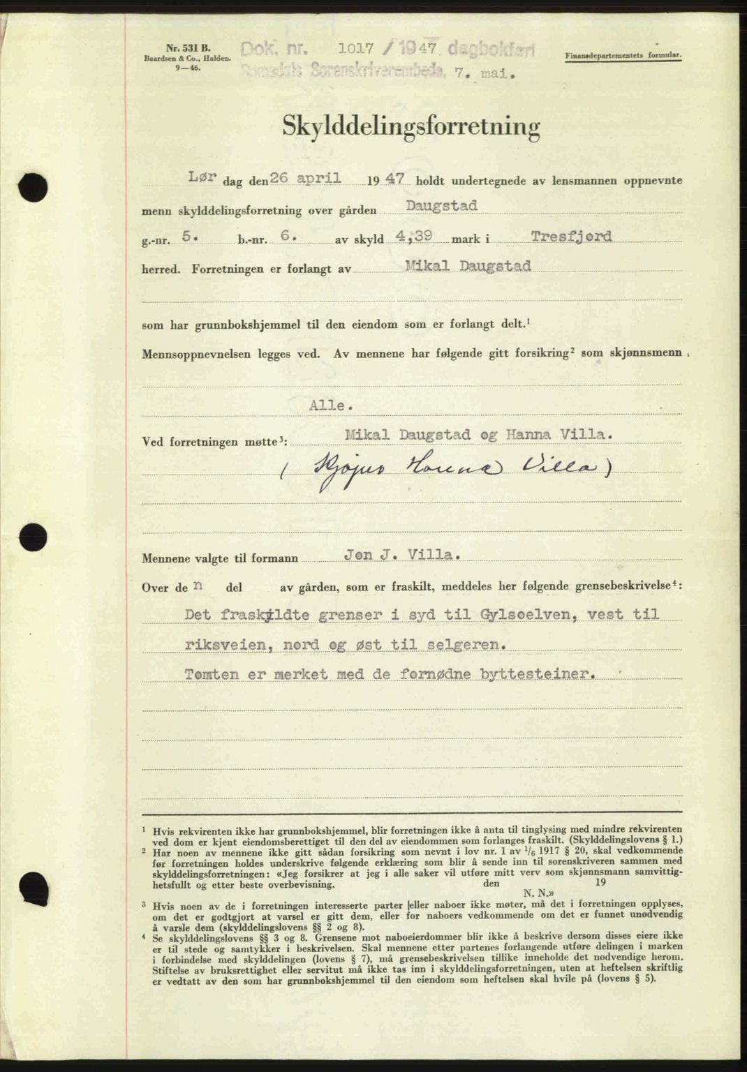 Romsdal sorenskriveri, AV/SAT-A-4149/1/2/2C: Mortgage book no. A22, 1947-1947, Diary no: : 1017/1947