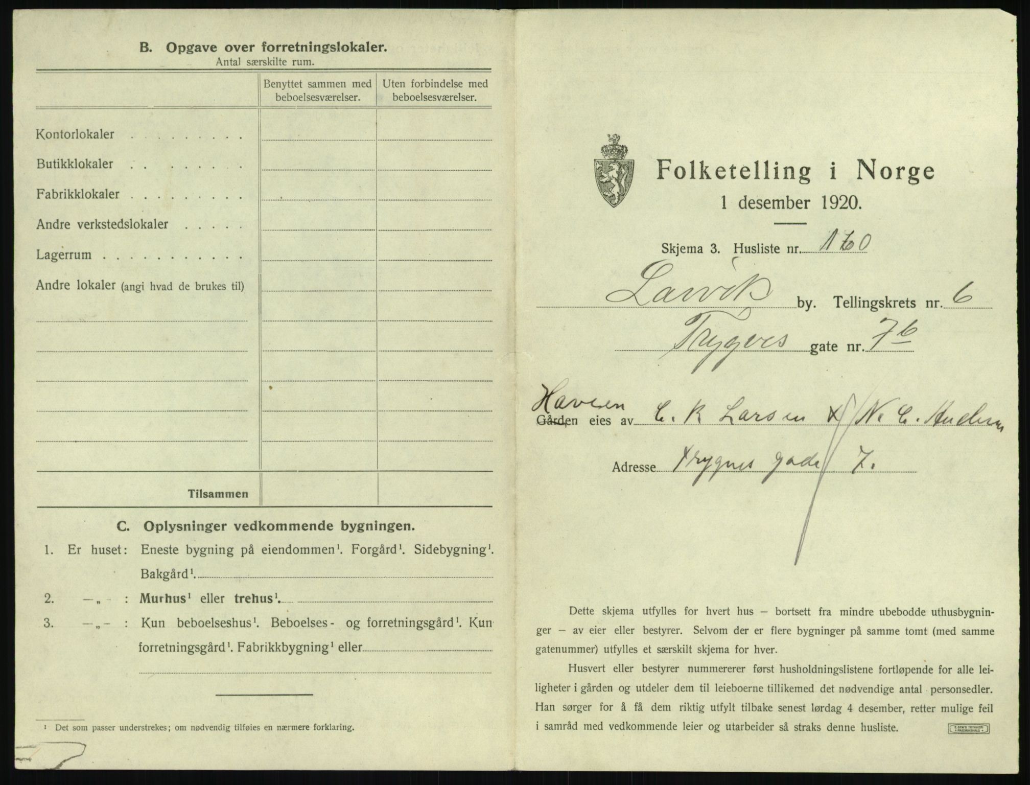 SAKO, 1920 census for Larvik, 1920, p. 1608