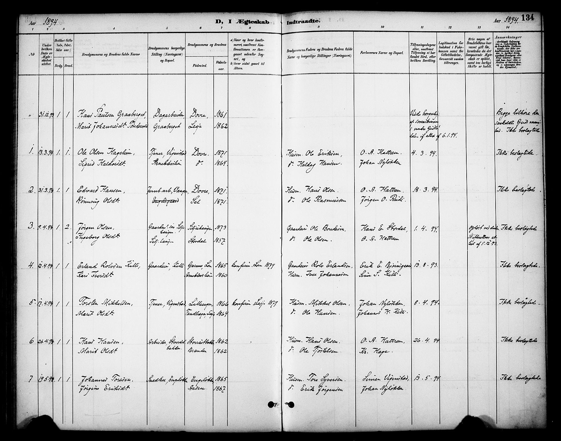 Dovre prestekontor, SAH/PREST-066/H/Ha/Haa/L0003: Parish register (official) no. 3, 1891-1901, p. 134