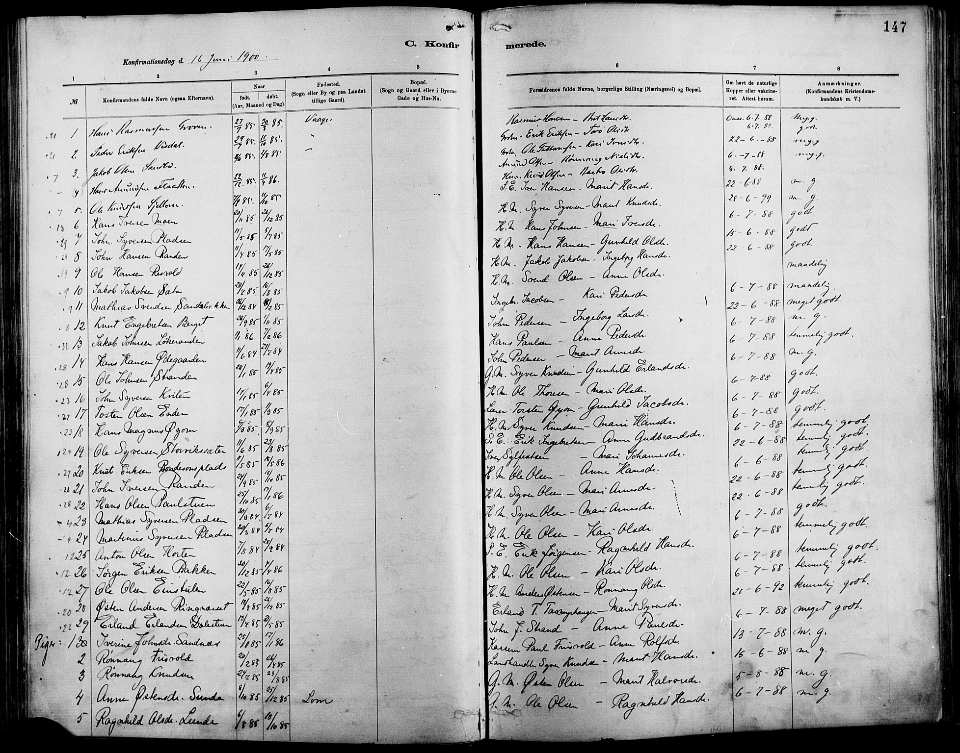 Vågå prestekontor, SAH/PREST-076/H/Ha/Haa/L0009: Parish register (official) no. 9, 1886-1904, p. 147