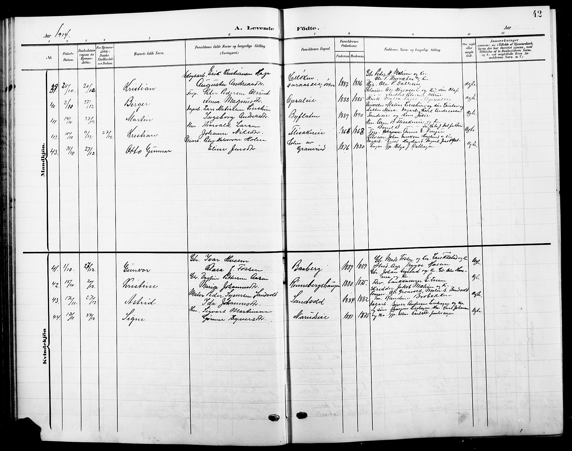 Ringsaker prestekontor, AV/SAH-PREST-014/L/La/L0017: Parish register (copy) no. 17, 1905-1920, p. 42