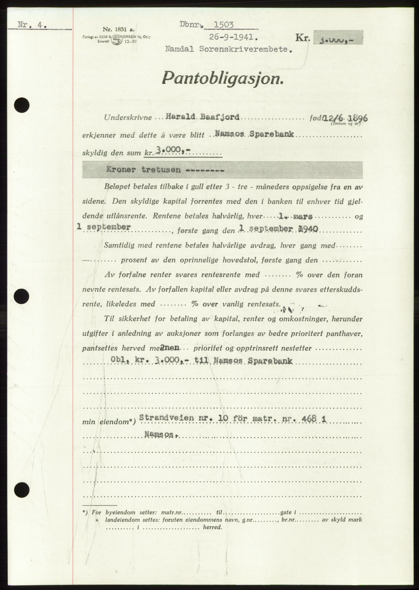 Namdal sorenskriveri, SAT/A-4133/1/2/2C: Mortgage book no. -, 1941-1942, Diary no: : 1503/1941