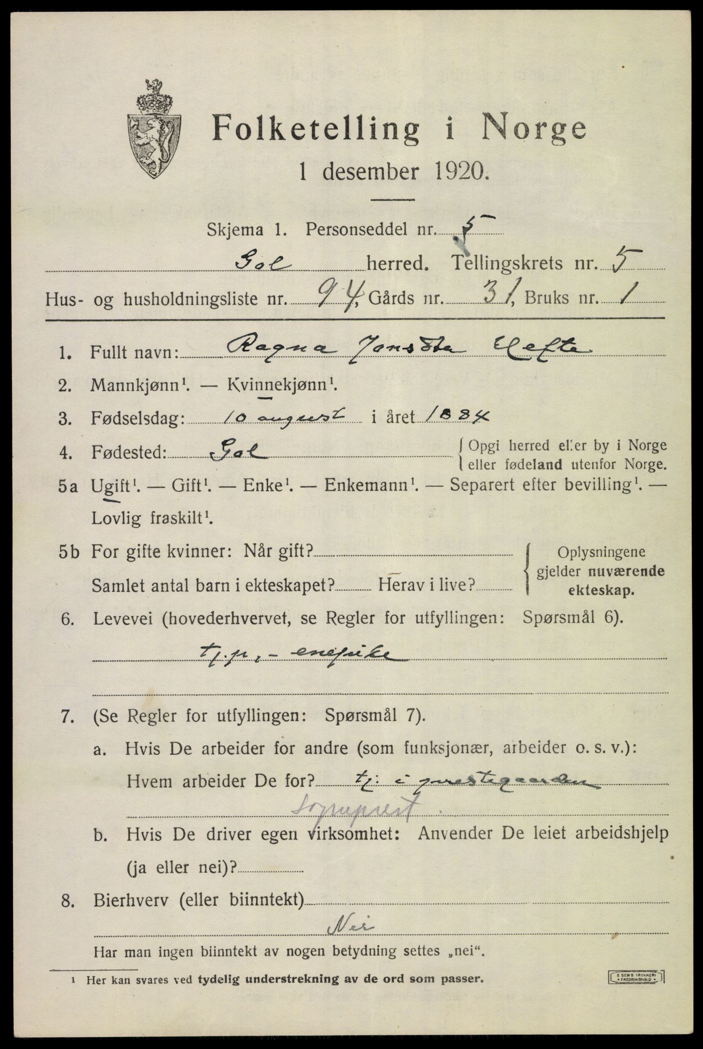 SAKO, 1920 census for Gol, 1920, p. 4572