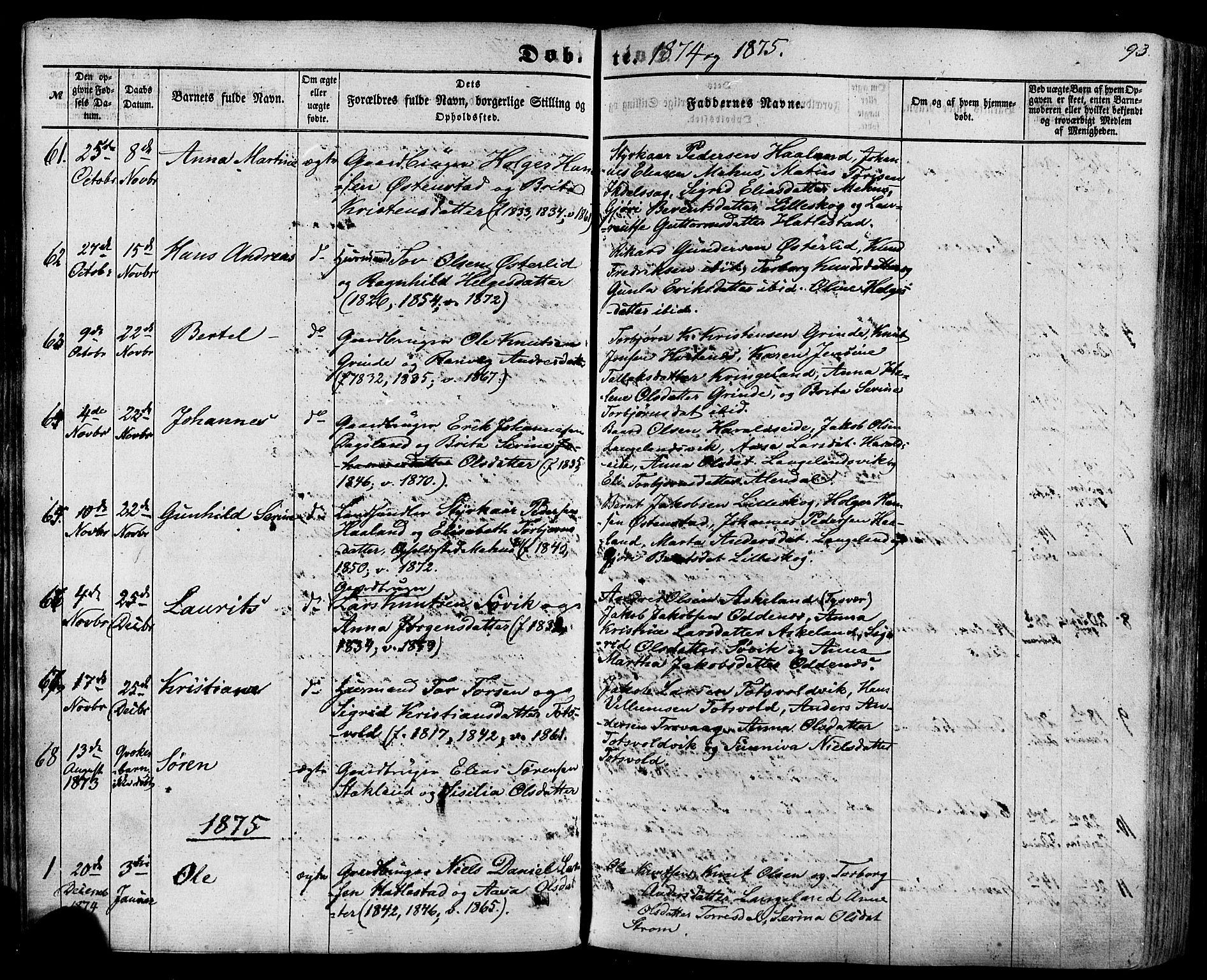 Skjold sokneprestkontor, AV/SAST-A-101847/H/Ha/Haa/L0008: Parish register (official) no. A 8, 1856-1882, p. 93