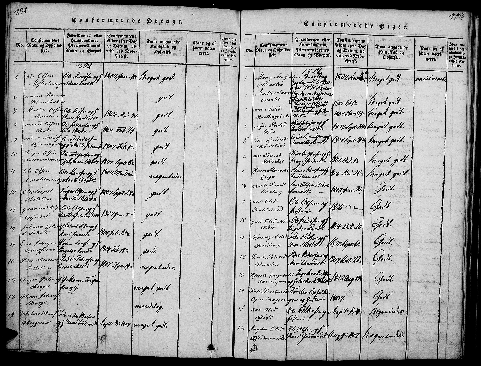 Gausdal prestekontor, SAH/PREST-090/H/Ha/Haa/L0005: Parish register (official) no. 5, 1817-1829, p. 492-493