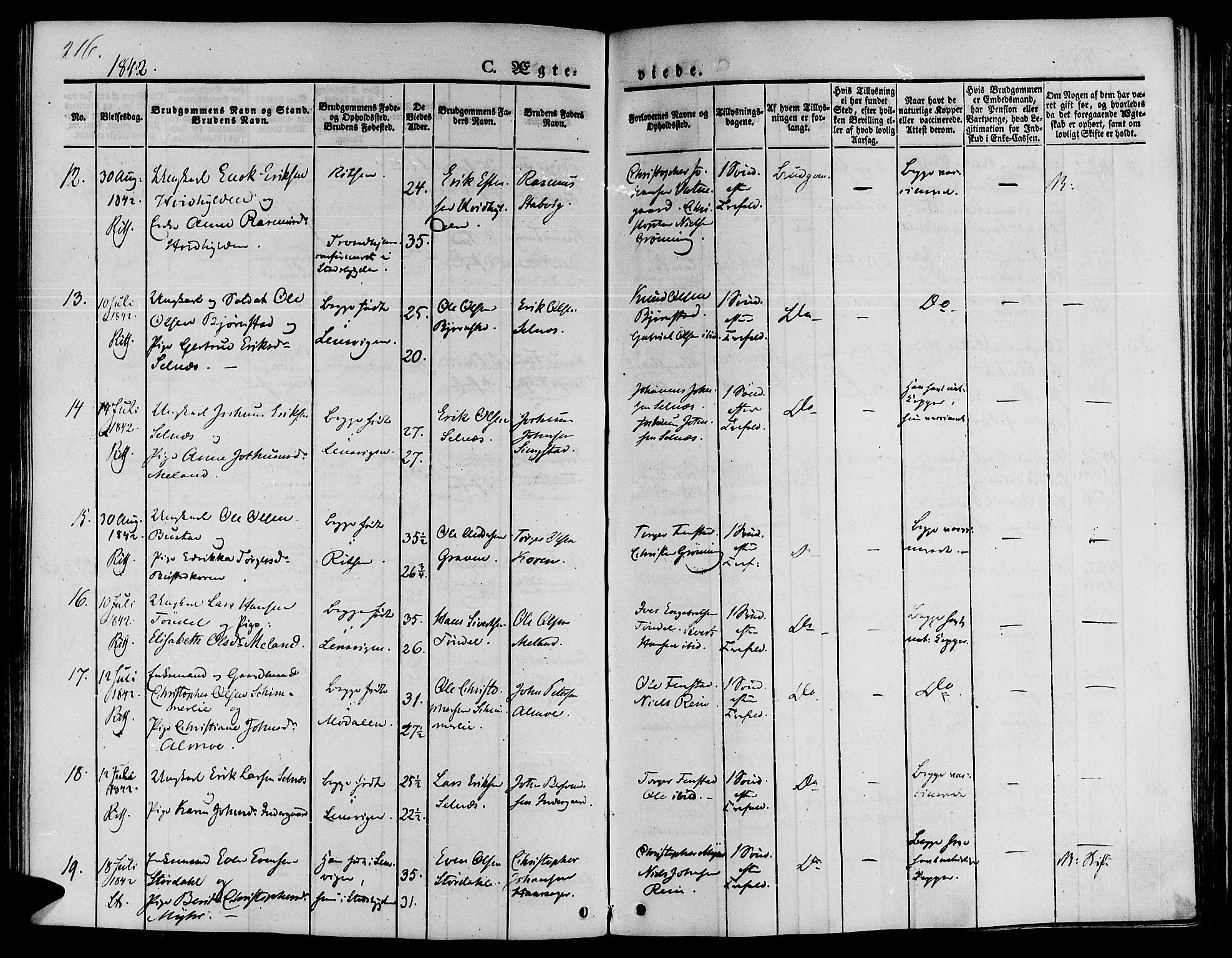 Ministerialprotokoller, klokkerbøker og fødselsregistre - Sør-Trøndelag, AV/SAT-A-1456/646/L0610: Parish register (official) no. 646A08, 1837-1847, p. 216