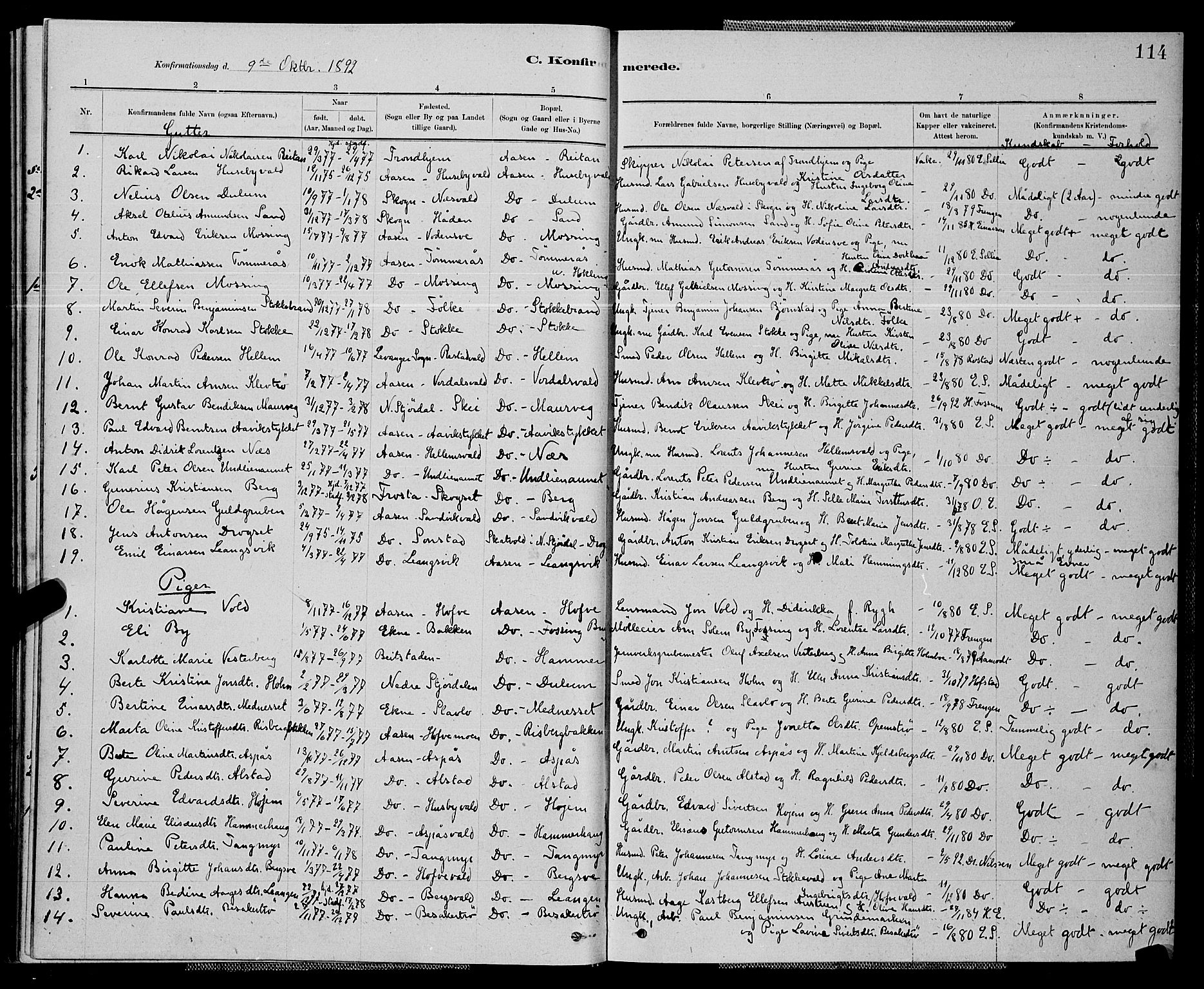Ministerialprotokoller, klokkerbøker og fødselsregistre - Nord-Trøndelag, SAT/A-1458/714/L0134: Parish register (copy) no. 714C03, 1878-1898, p. 114