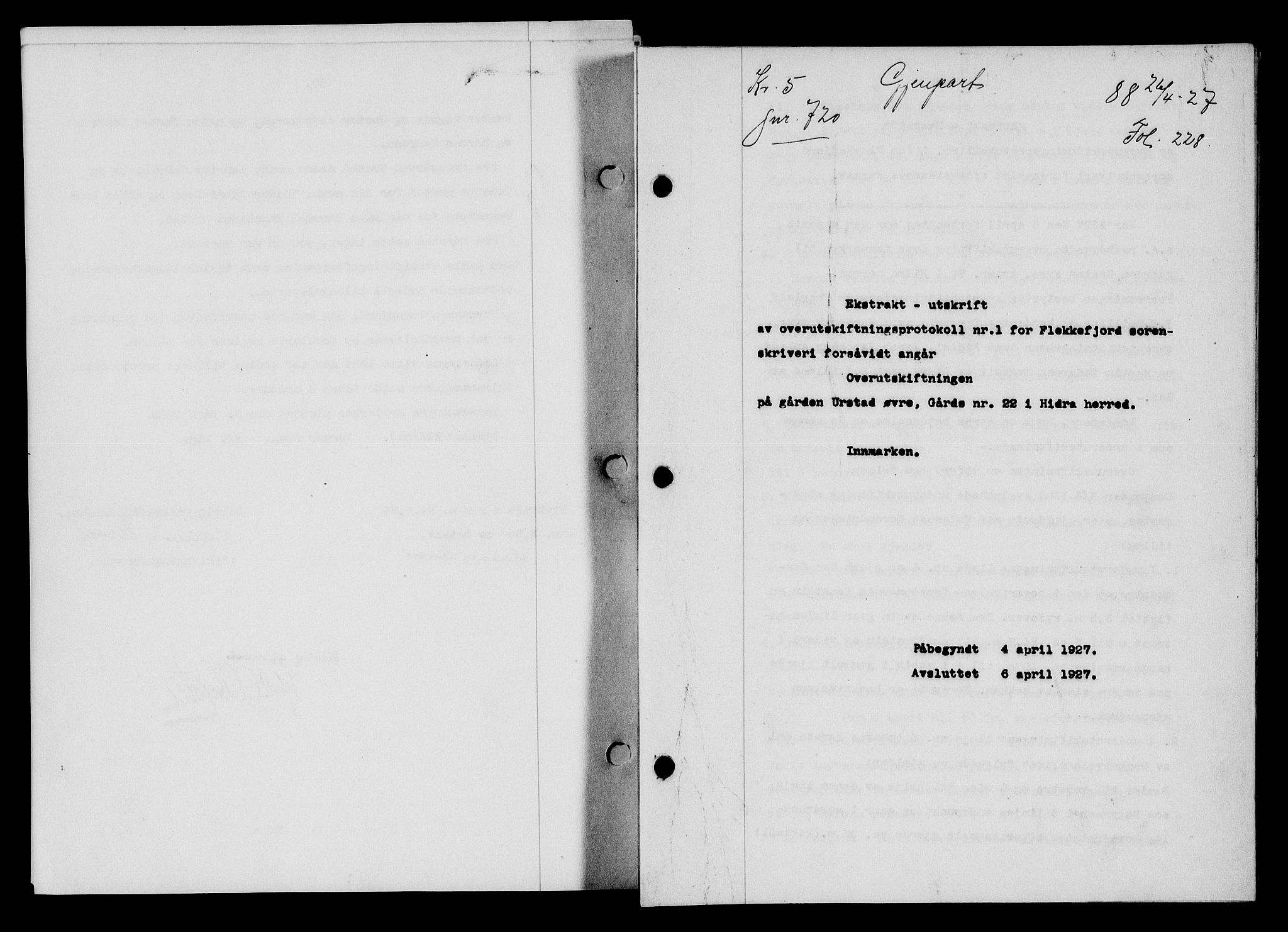 Flekkefjord sorenskriveri, SAK/1221-0001/G/Gb/Gba/L0043: Mortgage book no. 41, 1926-1927, Deed date: 26.04.1927