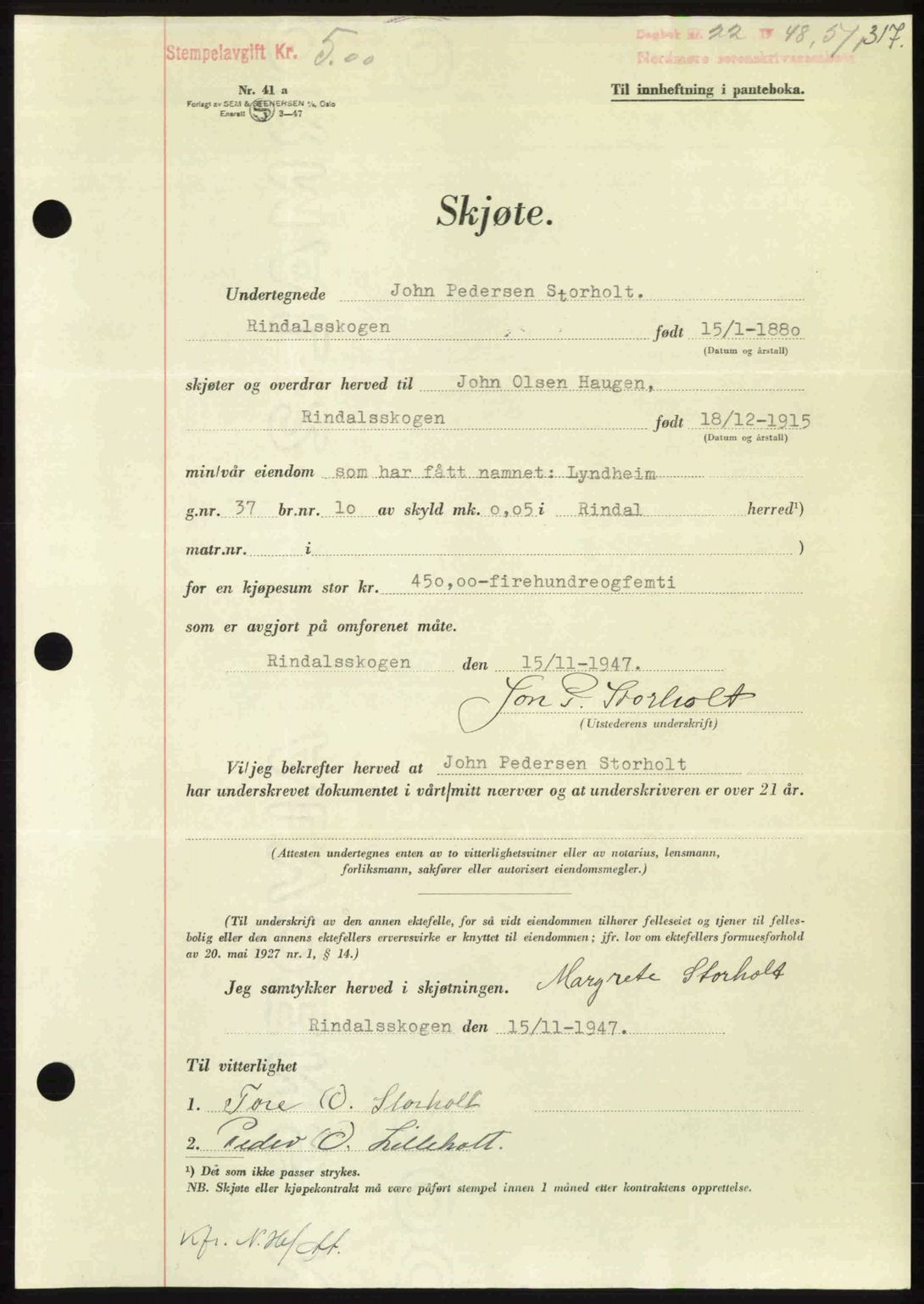 Nordmøre sorenskriveri, AV/SAT-A-4132/1/2/2Ca: Mortgage book no. A107, 1947-1948, Diary no: : 22/1948