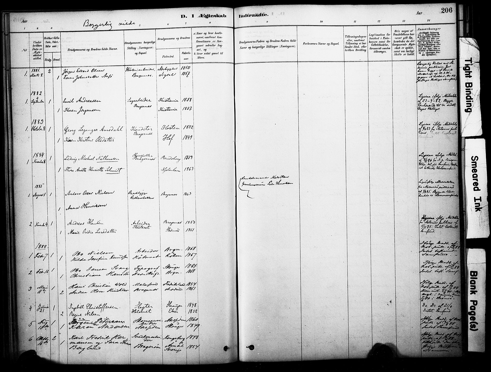 Bragernes kirkebøker, SAKO/A-6/F/Fc/L0005: Parish register (official) no. III 5, 1878-1890, p. 206