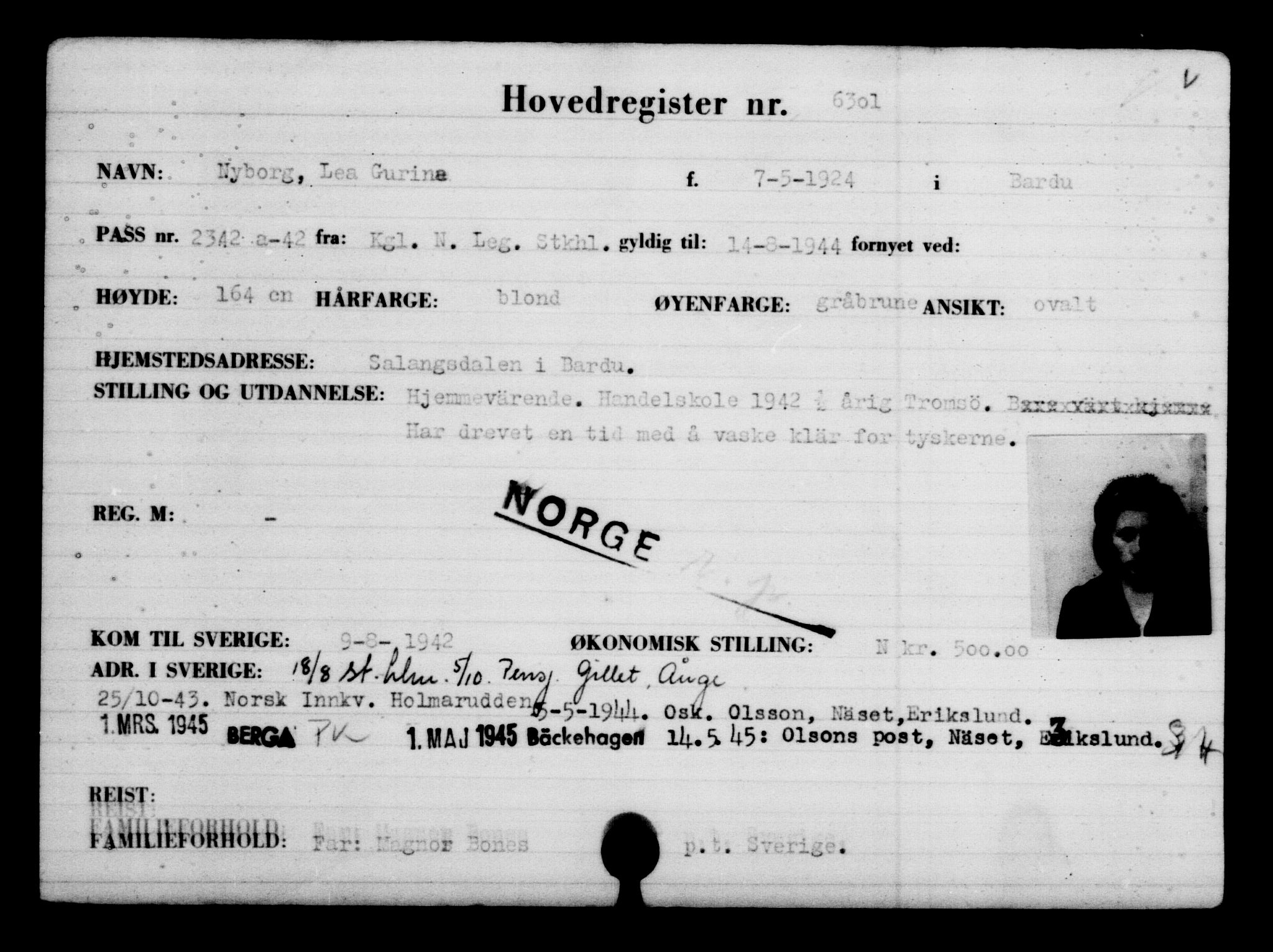 Utenriksstasjonene, Legasjonen i Stockholm, Flyktningkontoret, AV/RA-S-6753/V/Va/L0004: Kjesäterkartoteket, flyktninger med registreringsnr. 3496-6610, 1940-1945, p. 3311