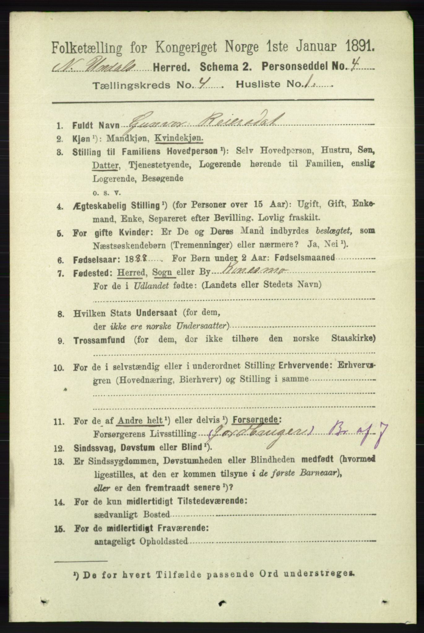 RA, 1891 census for 1028 Nord-Audnedal, 1891, p. 1098