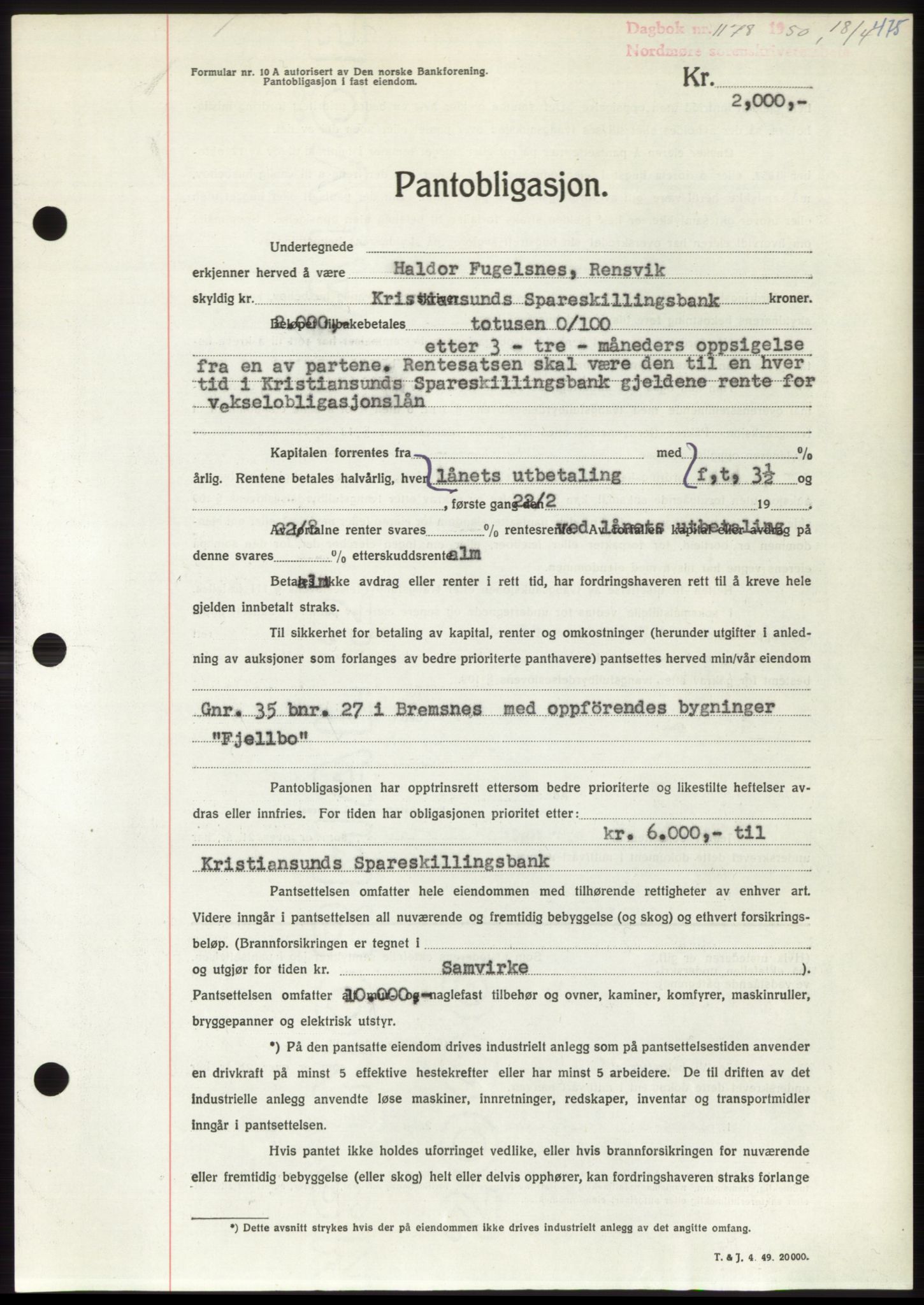 Nordmøre sorenskriveri, AV/SAT-A-4132/1/2/2Ca: Mortgage book no. B104, 1950-1950, Diary no: : 1178/1950