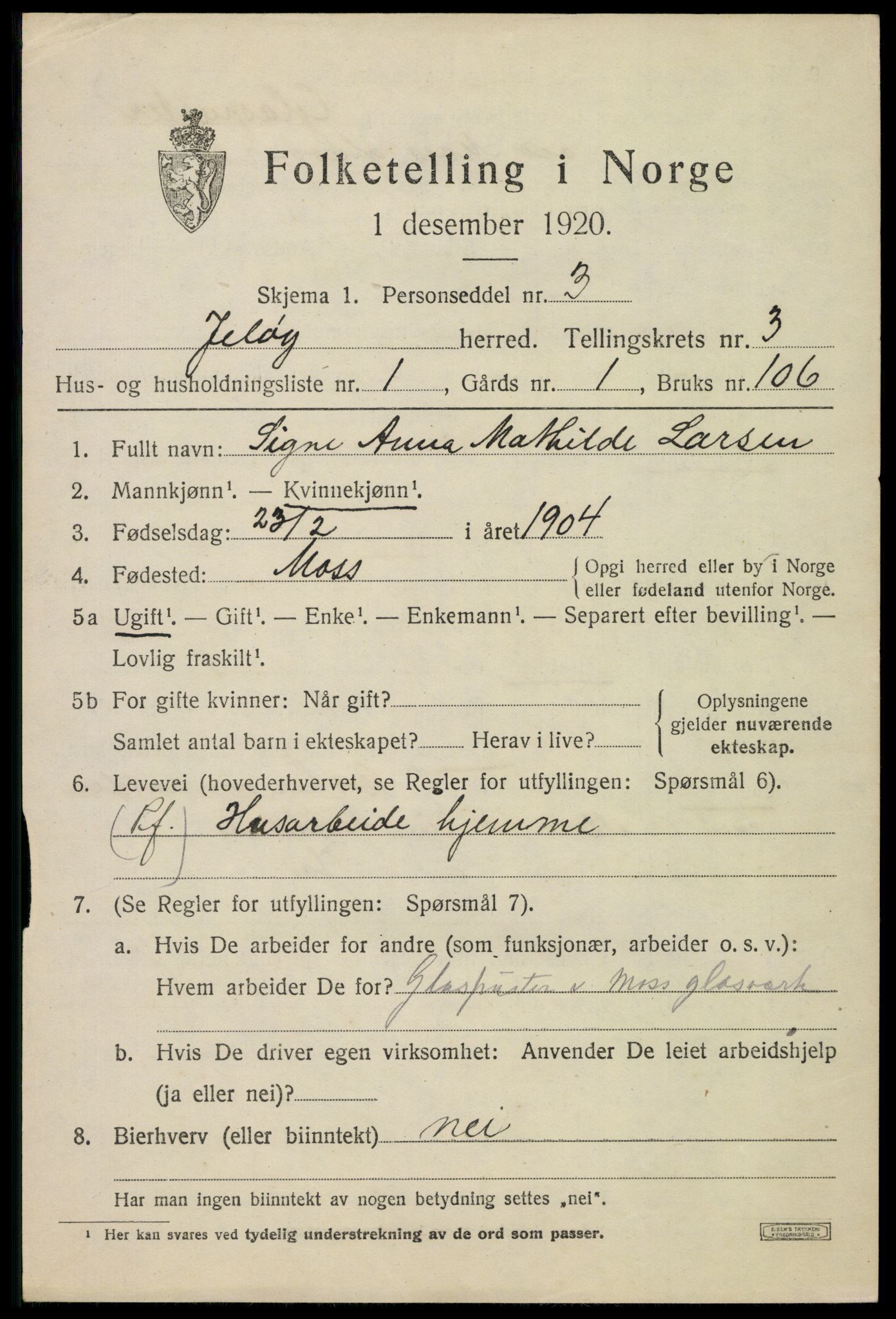 SAO, 1920 census for Moss land district, 1920, p. 2905