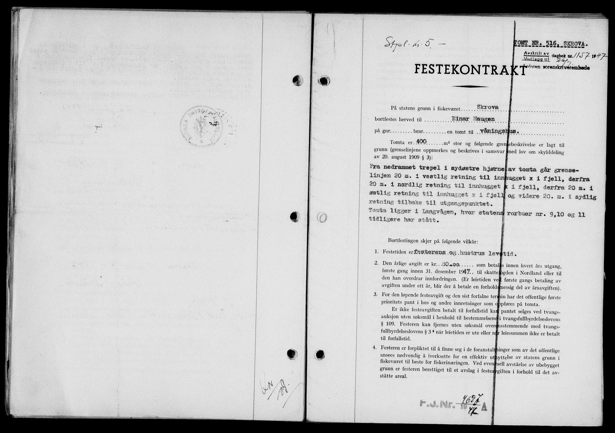 Lofoten sorenskriveri, SAT/A-0017/1/2/2C/L0016a: Mortgage book no. 16a, 1947-1947, Diary no: : 1157/1947