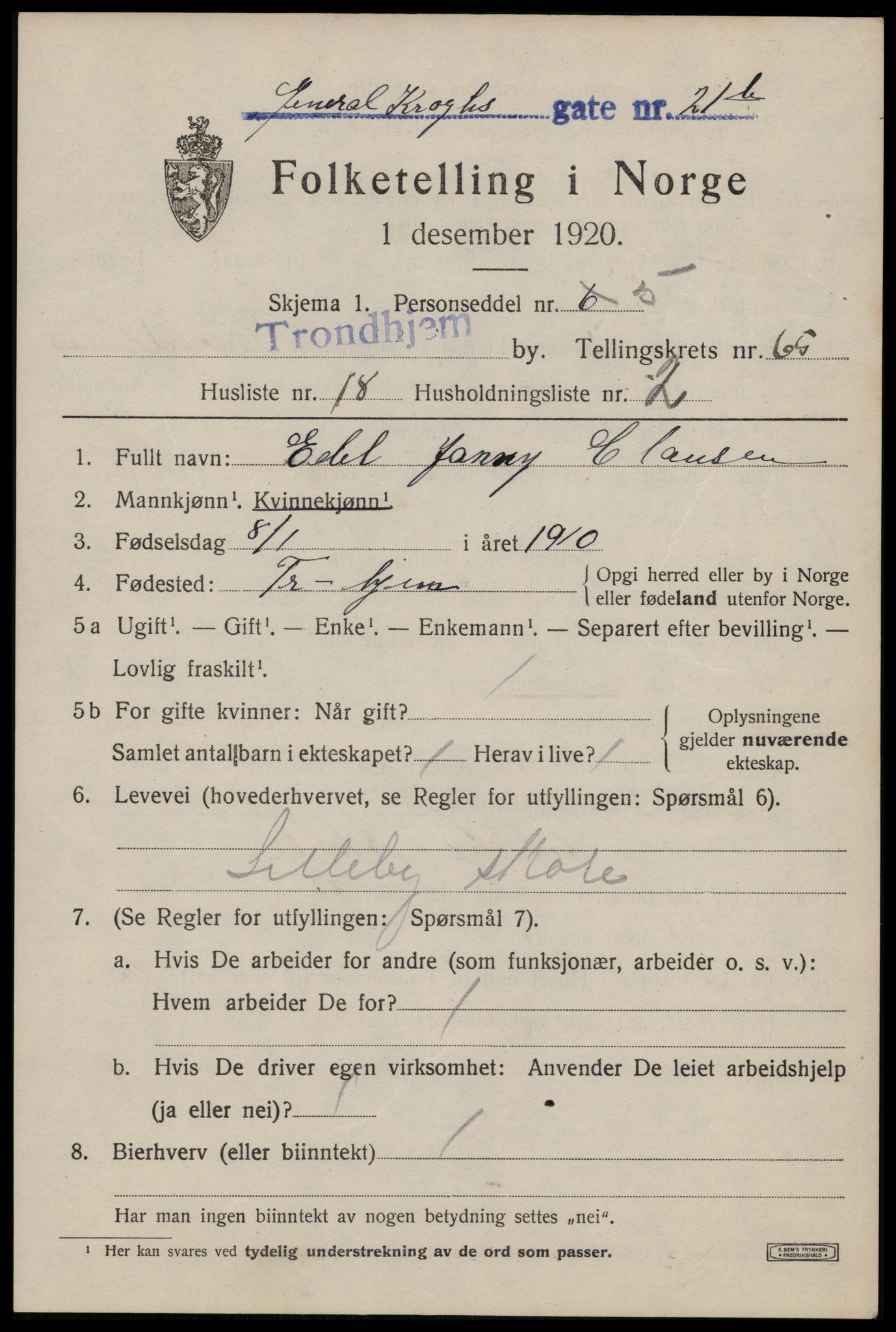 SAT, 1920 census for Trondheim, 1920, p. 129206