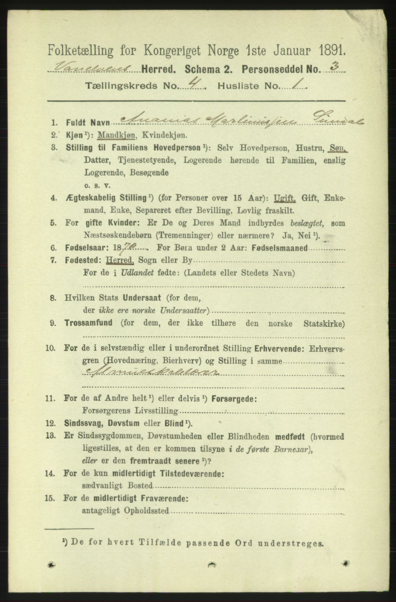 RA, 1891 census for 1511 Vanylven, 1891, p. 1813